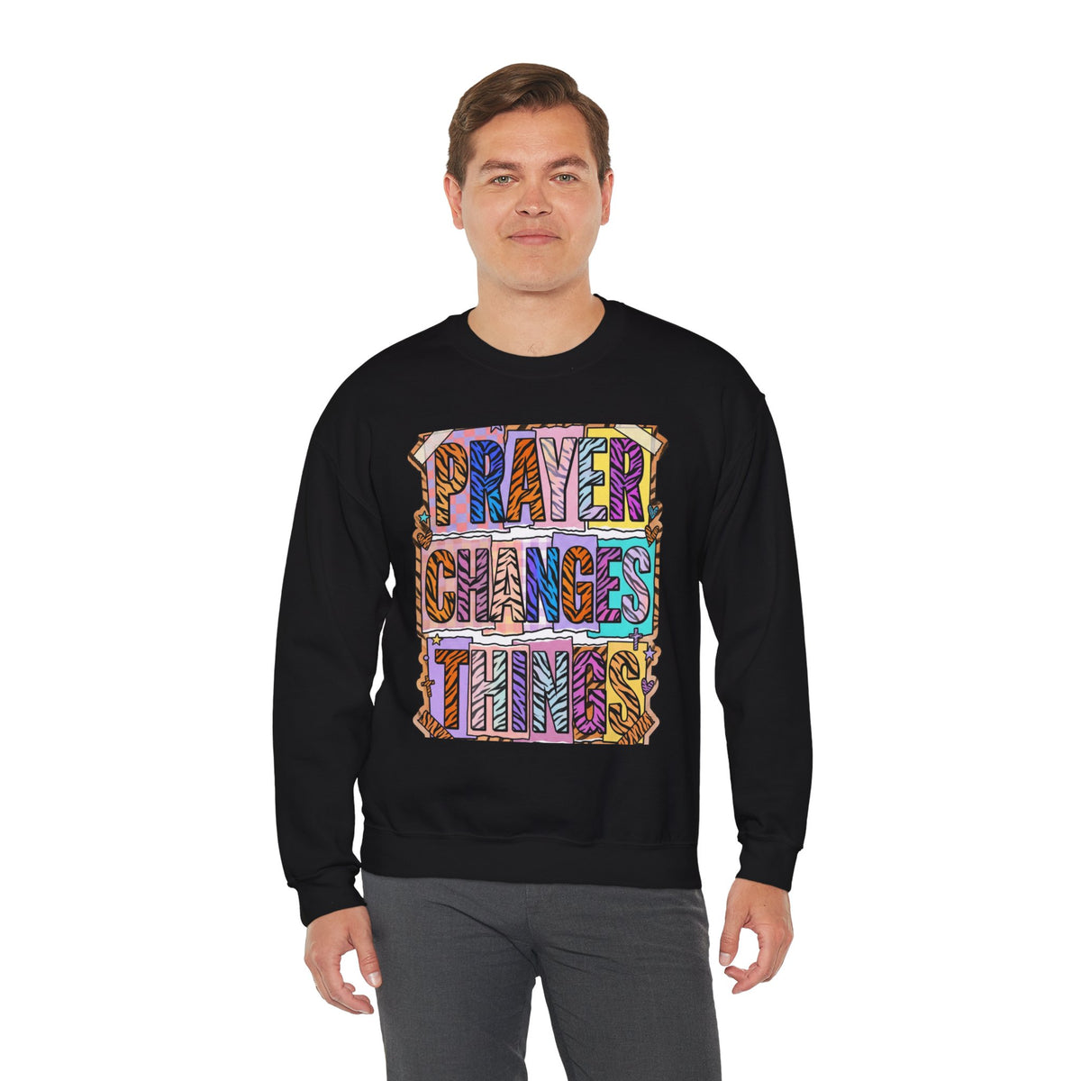 Prayer Changes Things Sweatshirt | Christian rainbow scripture, mixed-font faith