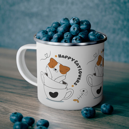 Happy Cat Lovers Enamel Camping Mug, Cute Cat Mug, Outdoor Adventure Coffee Cup, Cat Lover Gift, Funny Camping Mug, Pet Parent Accessories