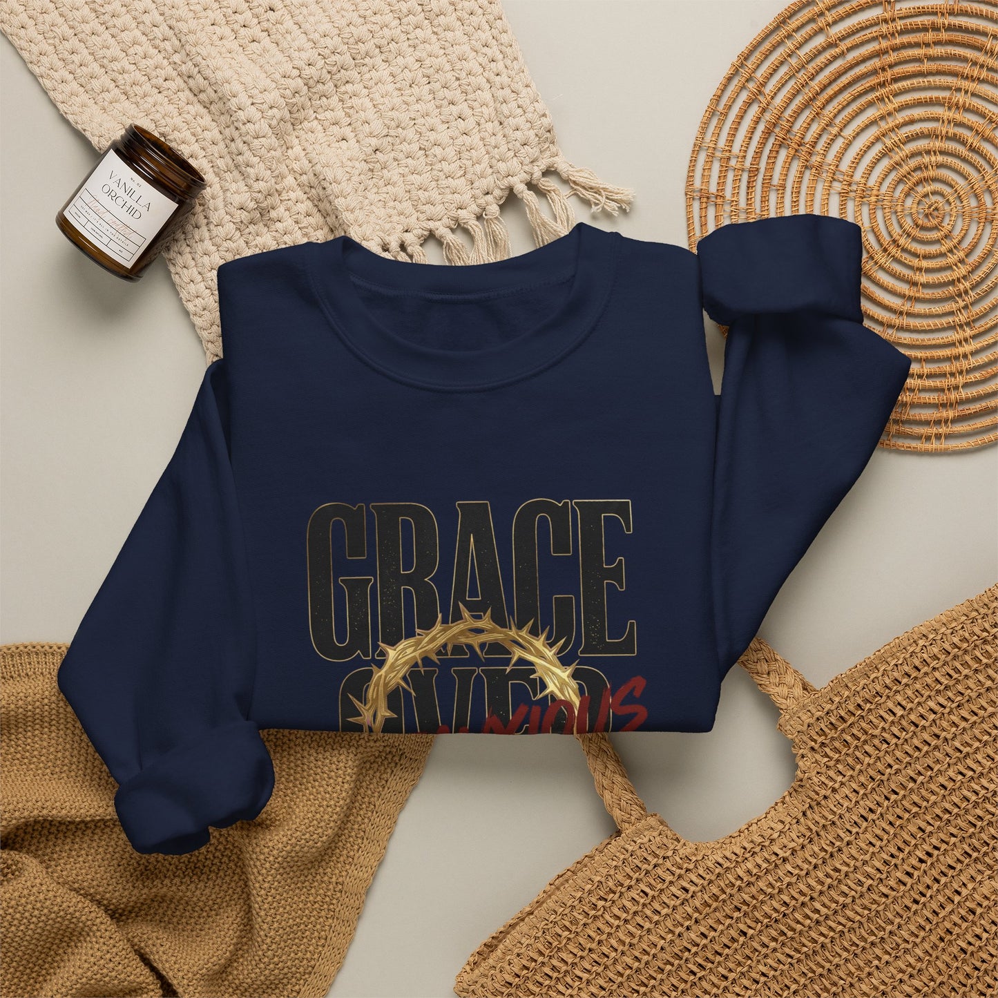 Grace Over Fear Crewneck Sweatshirt | Christian Streetwear, Distressed Thorn Graphic