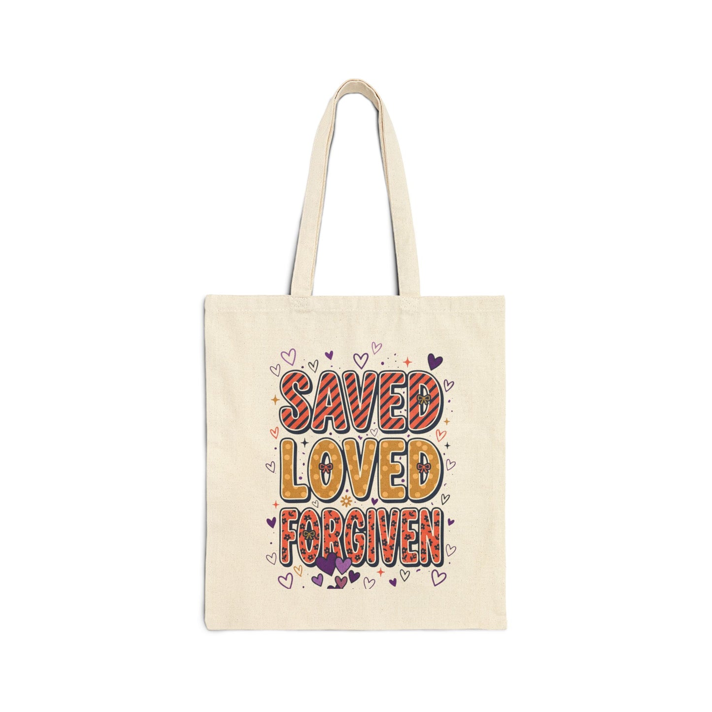 Saved Loved Forgiven Tote | Christian faith tote, colorful scripture design