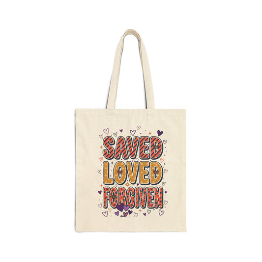 Saved Loved Forgiven Tote | Christian faith tote, colorful scripture design