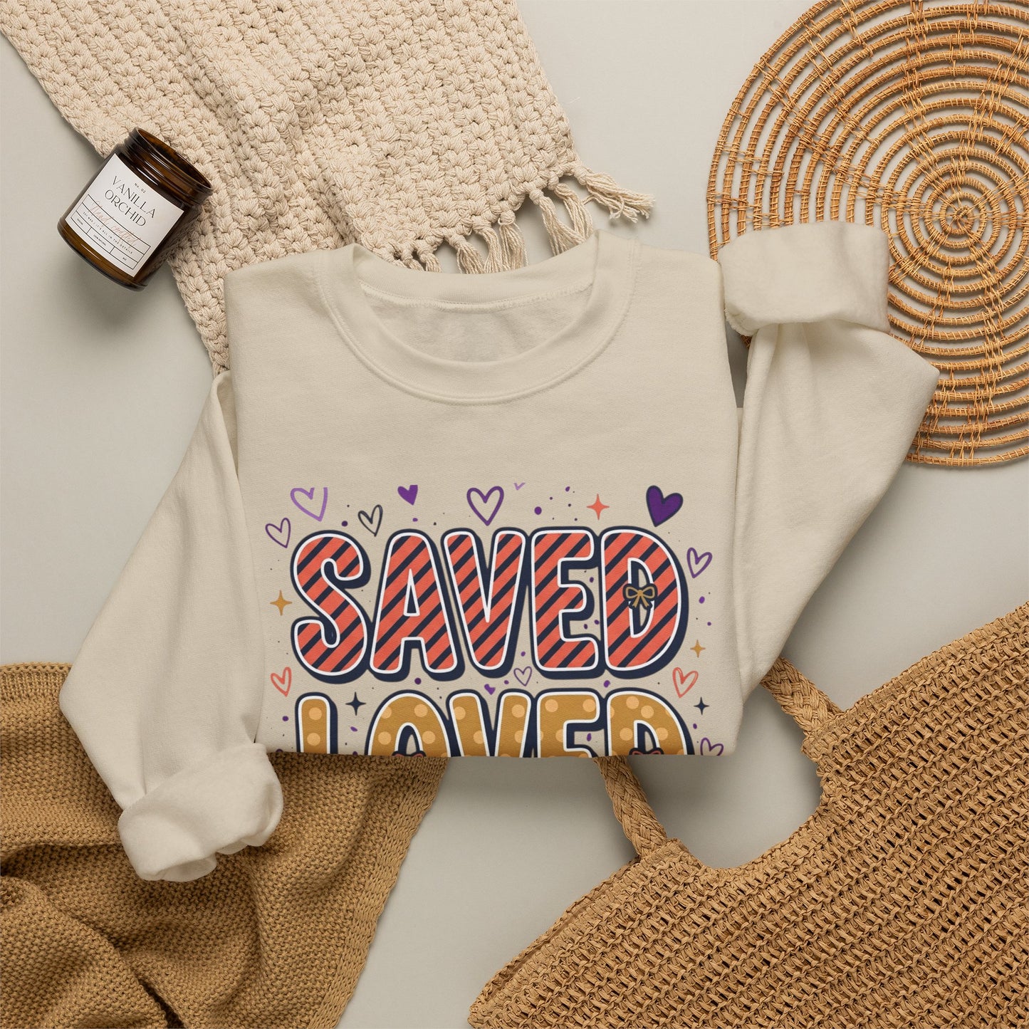 Saved Loved Forgiven Sweatshirt | Christian rainbow scripture style