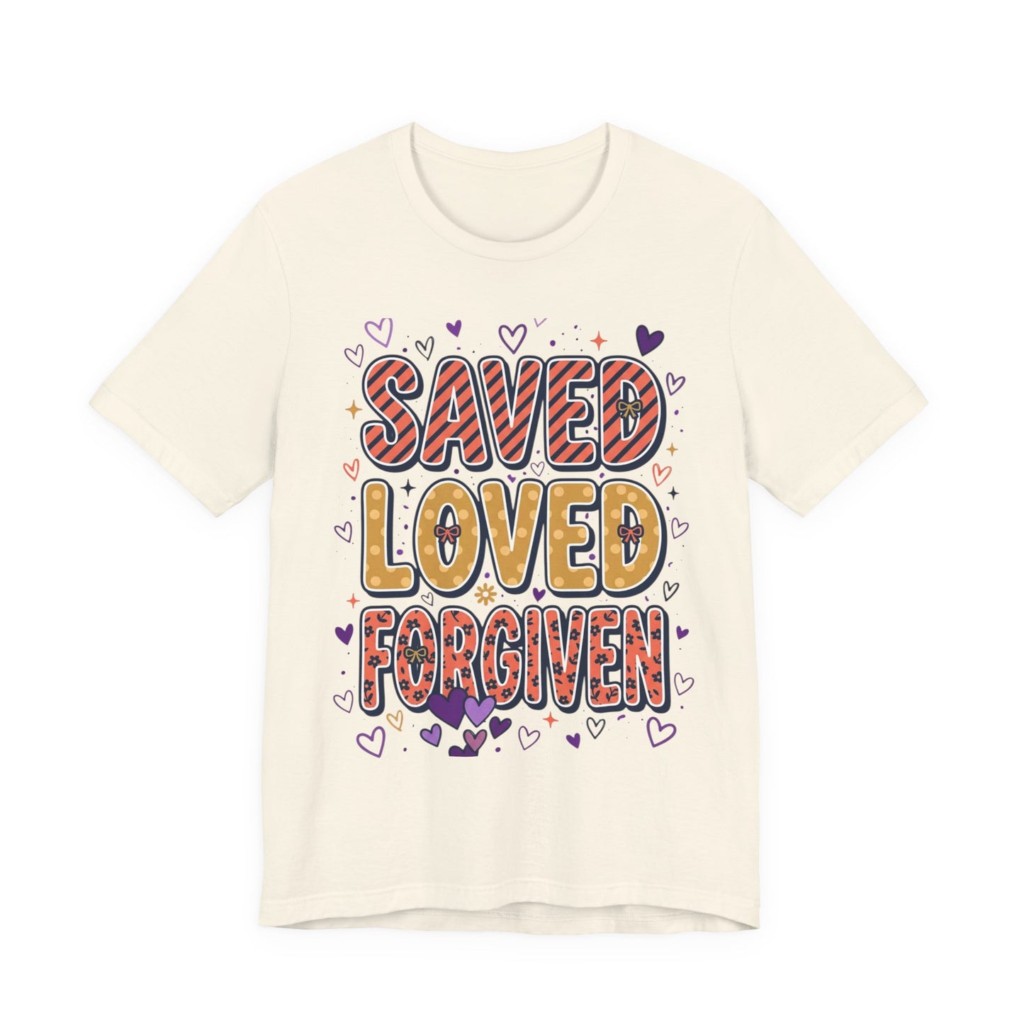Saved Loved Forgiven T-Shirt | Christian Rainbow Scripture Tee, Playful Faith
