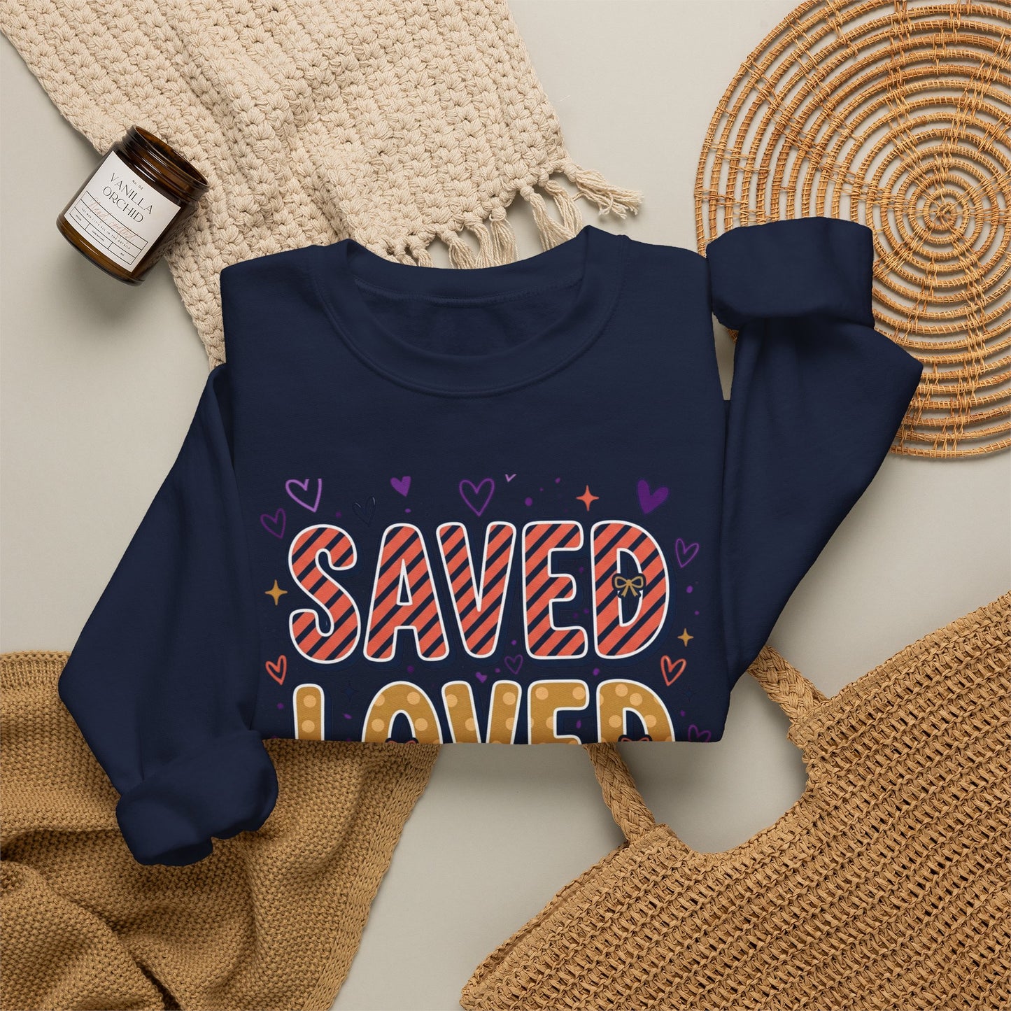 Saved Loved Forgiven Sweatshirt | Christian rainbow scripture style