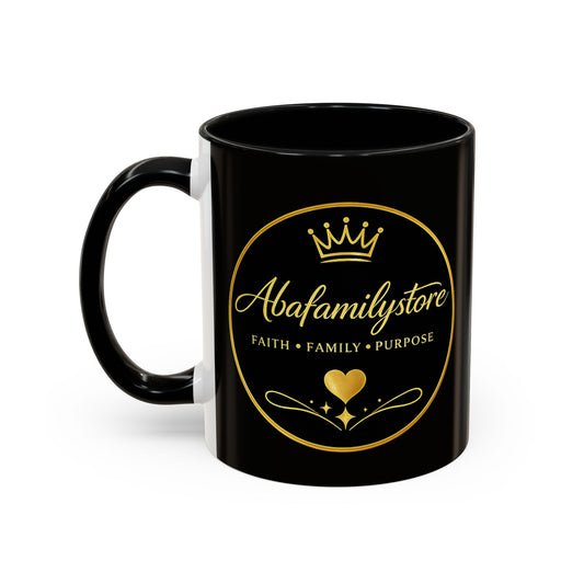 Black Accent Coffee Mug — "Abafamilystore: Faith • Family • Purpose" Gold Logo