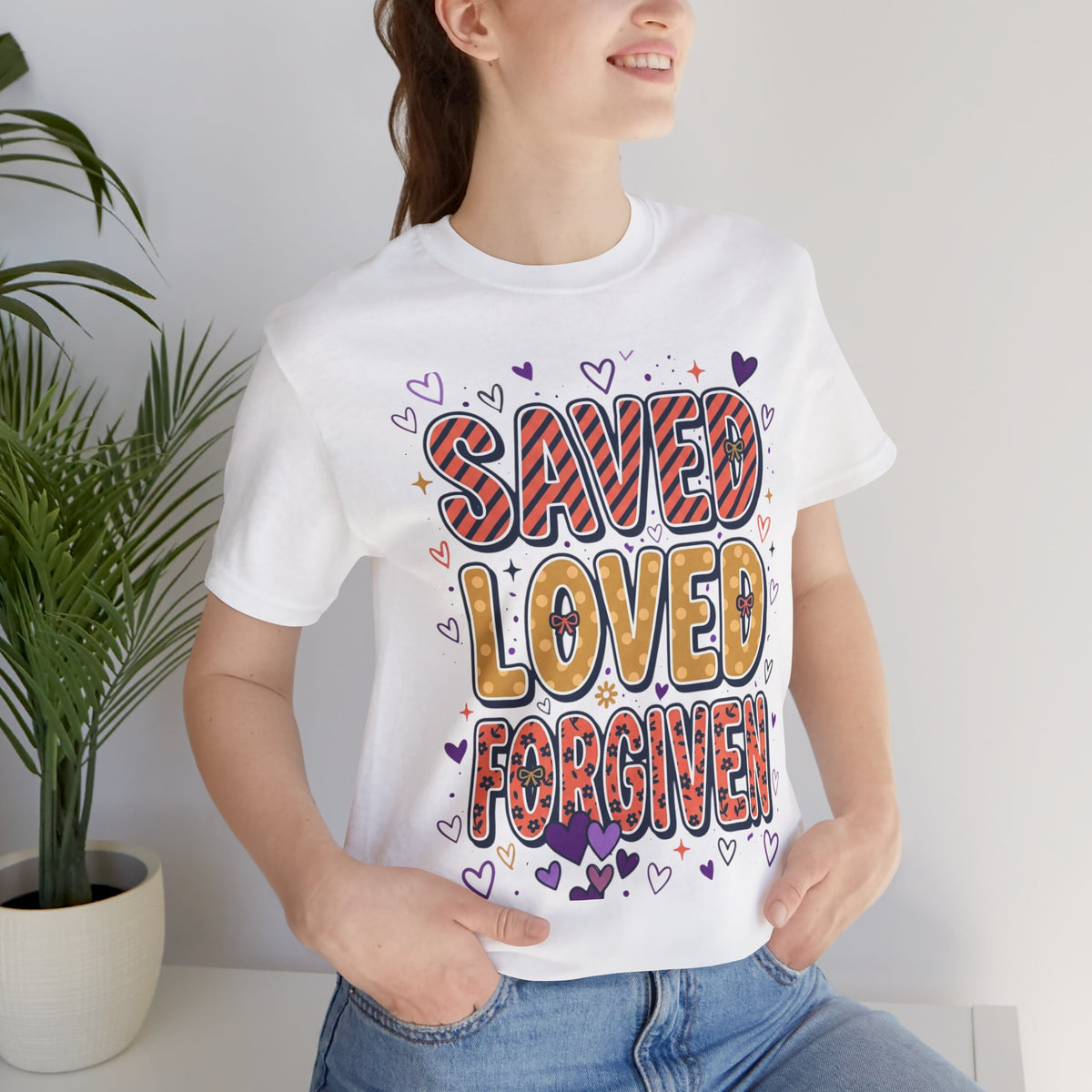 Saved Loved Forgiven T-Shirt | Christian Rainbow Scripture Tee, Playful Faith