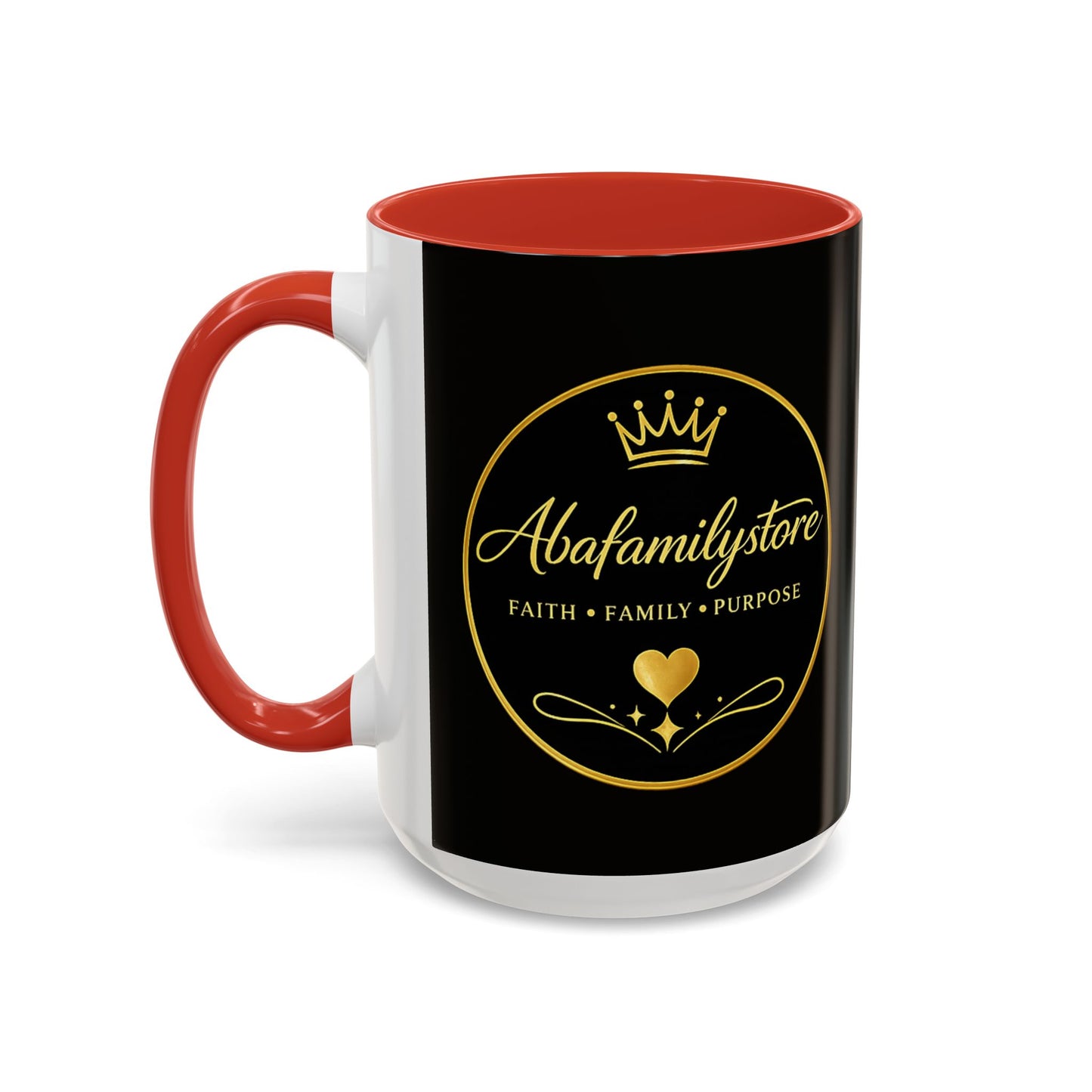 Black Accent Coffee Mug — "Abafamilystore: Faith • Family • Purpose" Gold Logo