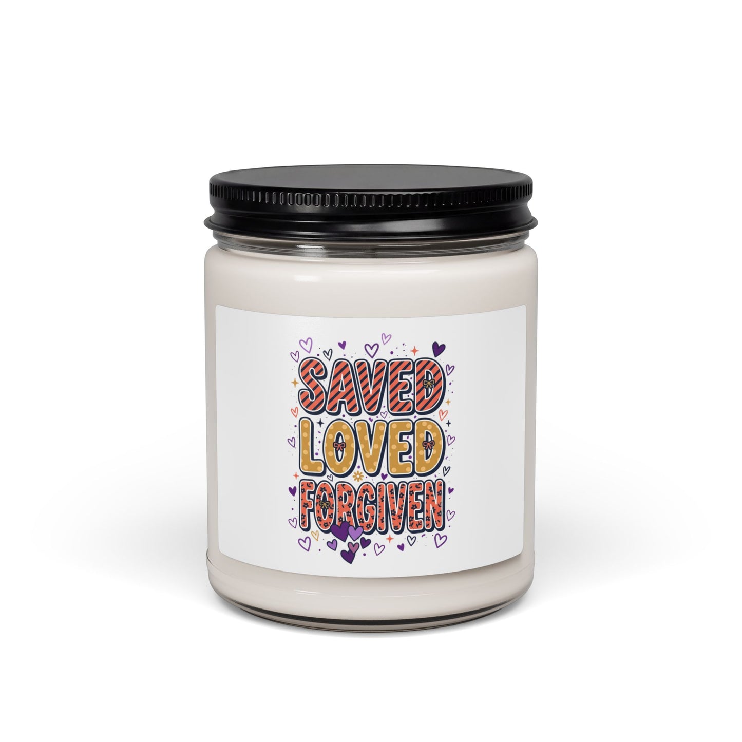Saved Loved Forgiven Candle | Christian faith soy candle, colorful scripture design