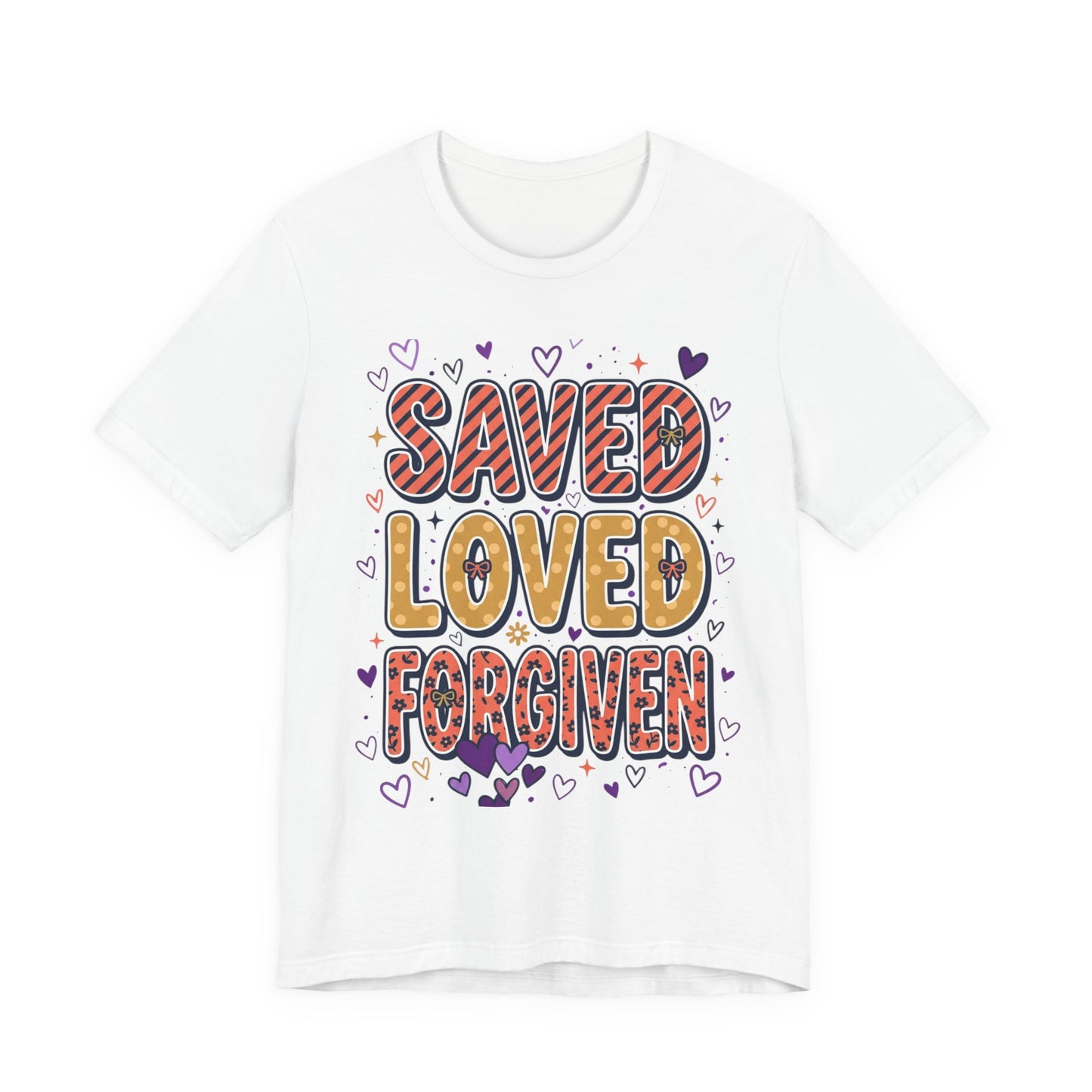 Saved Loved Forgiven T-Shirt | Christian Rainbow Scripture Tee, Playful Faith