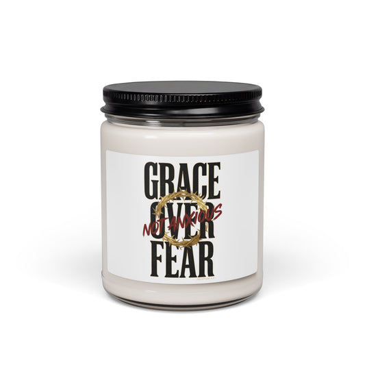 Grace Over Fear Soy Candle | Christian Streetwear Typography, Distressed Script