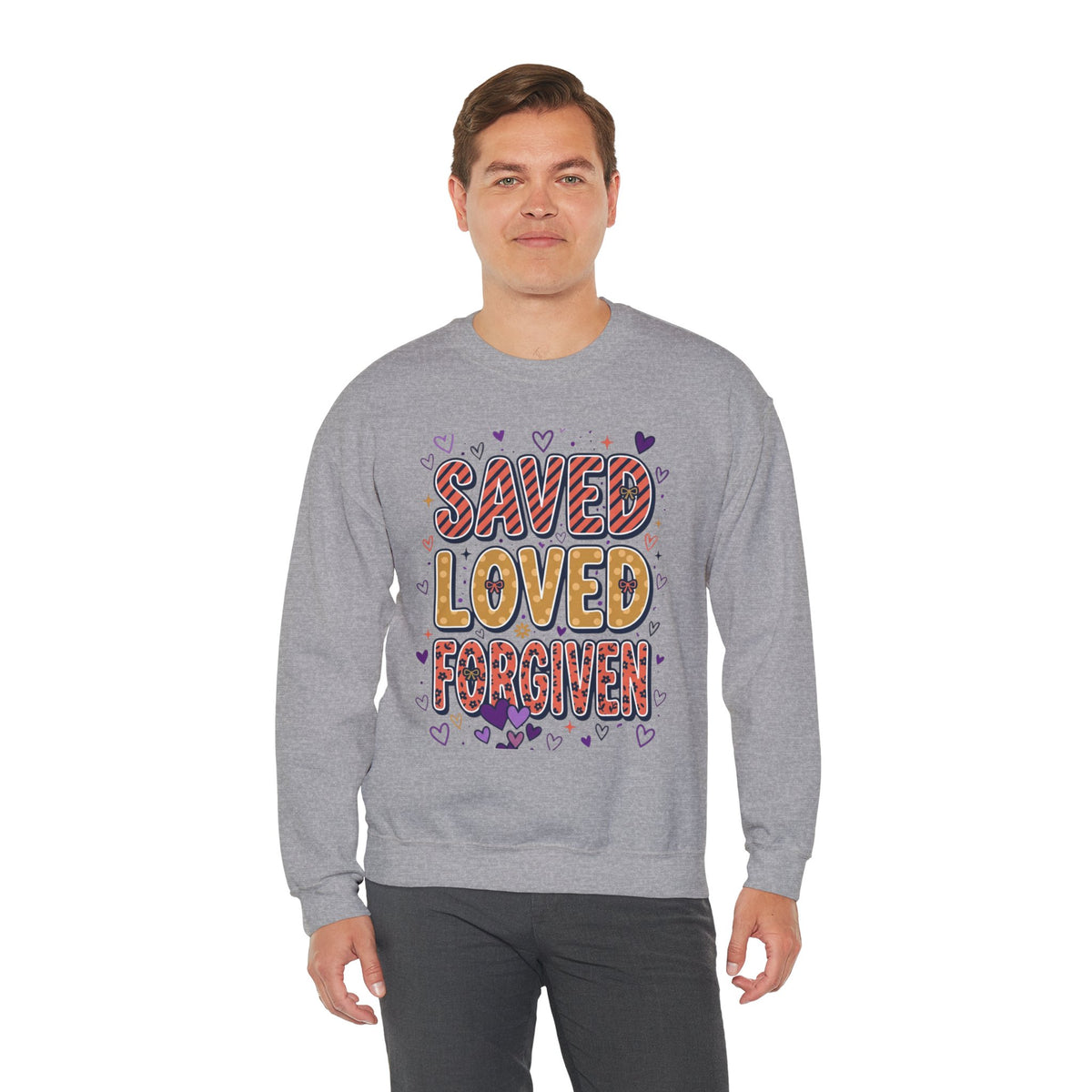 Saved Loved Forgiven Sweatshirt | Christian rainbow scripture style