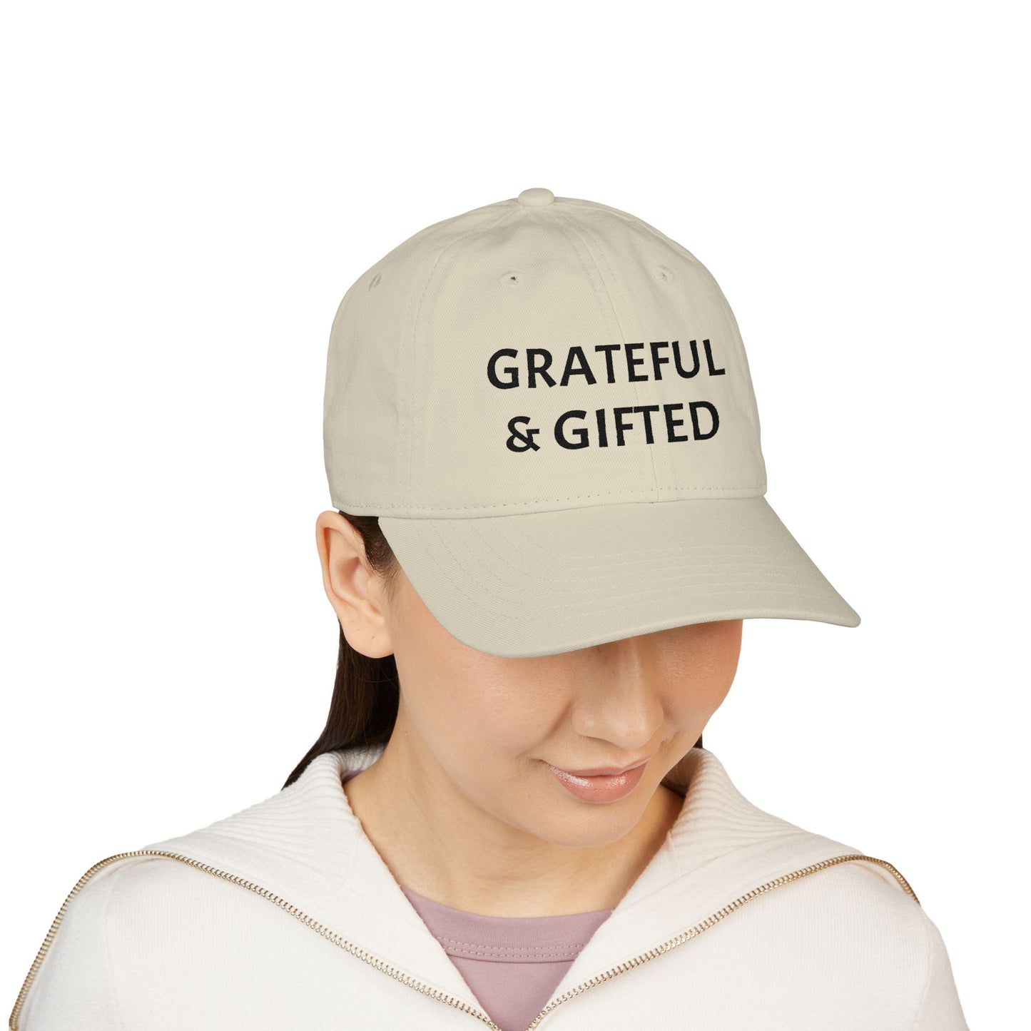 Grateful & Gifted Organic Baseball Cap, Eco-Friendly Hat, Embroidered Adjustable Cap, Gift for Friends, Casual Style Accessory