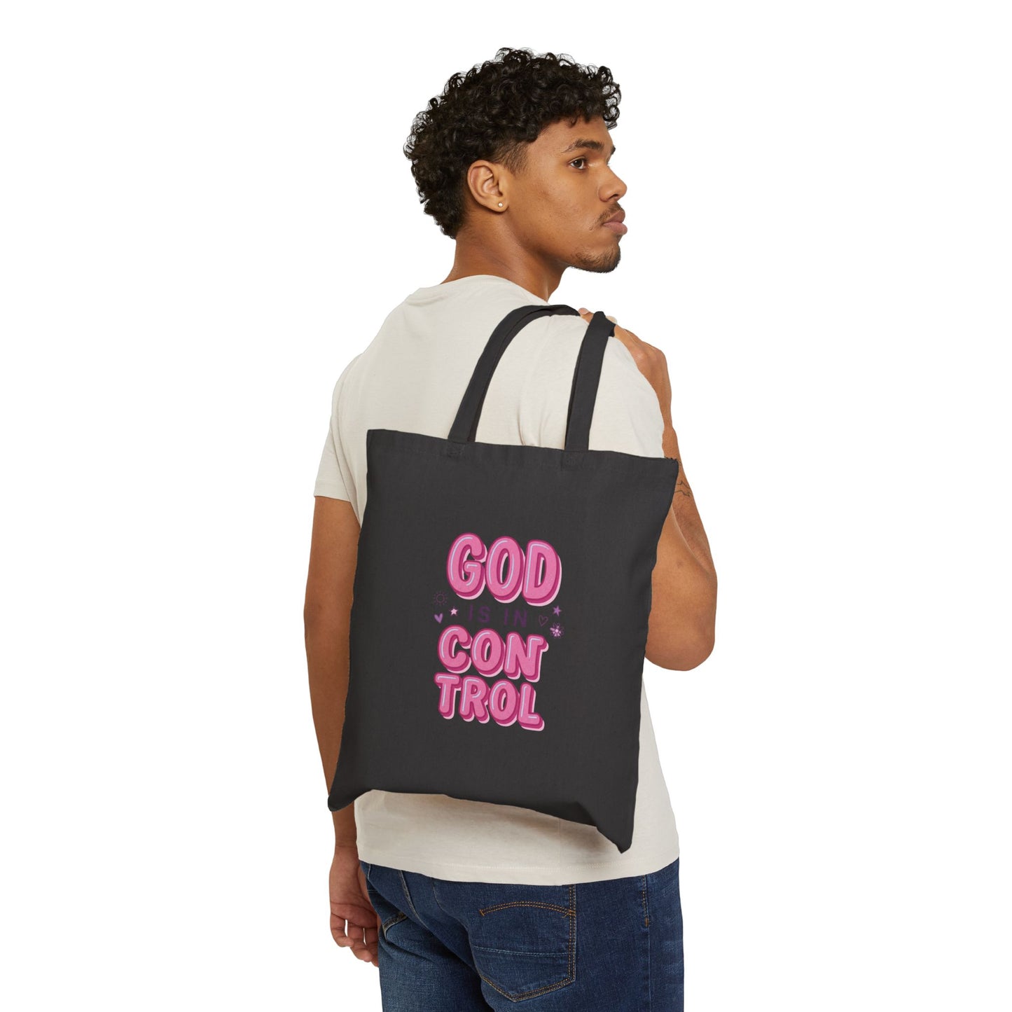God Is In Control Tote | Christian faith, playful script