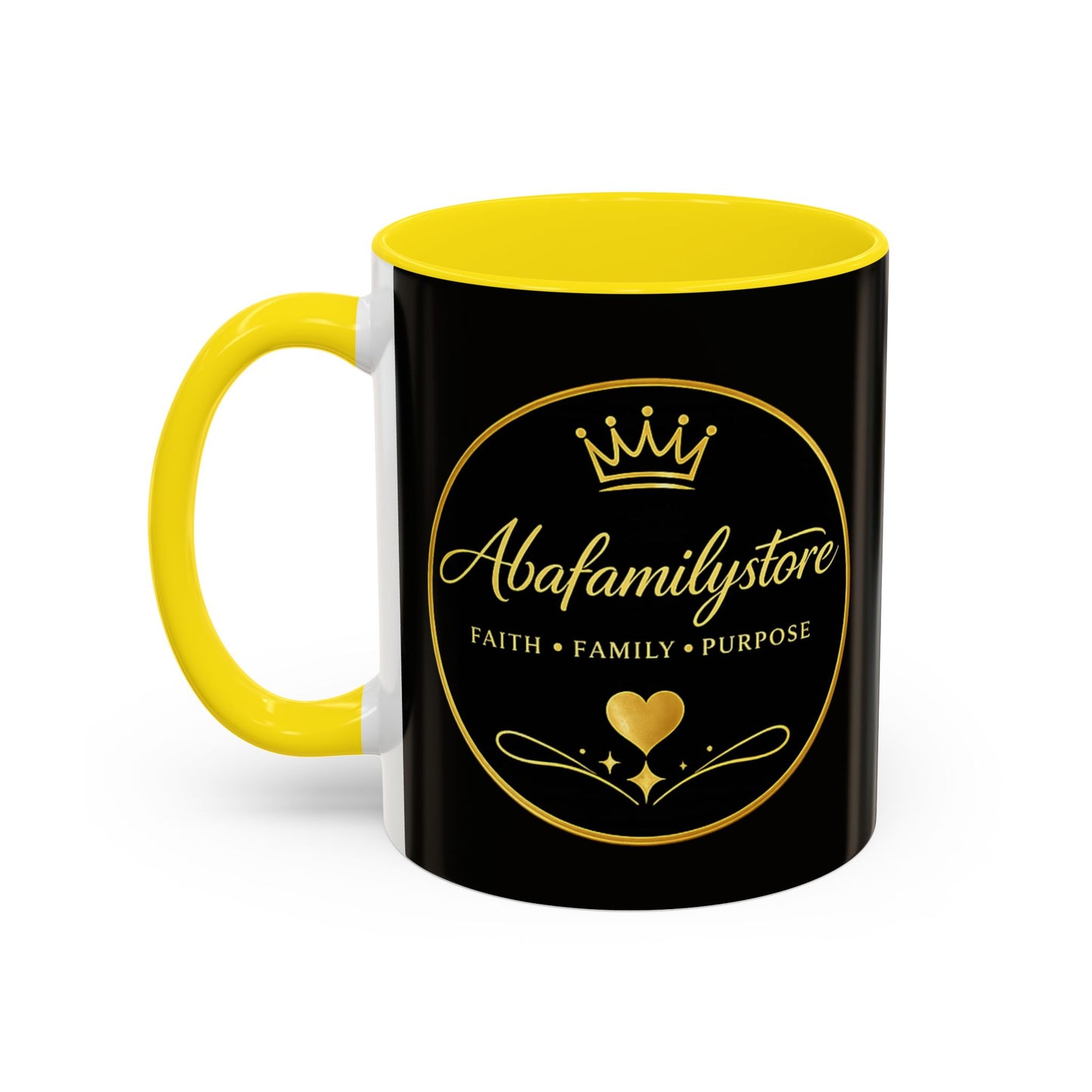 Black Accent Coffee Mug — "Abafamilystore: Faith • Family • Purpose" Gold Logo