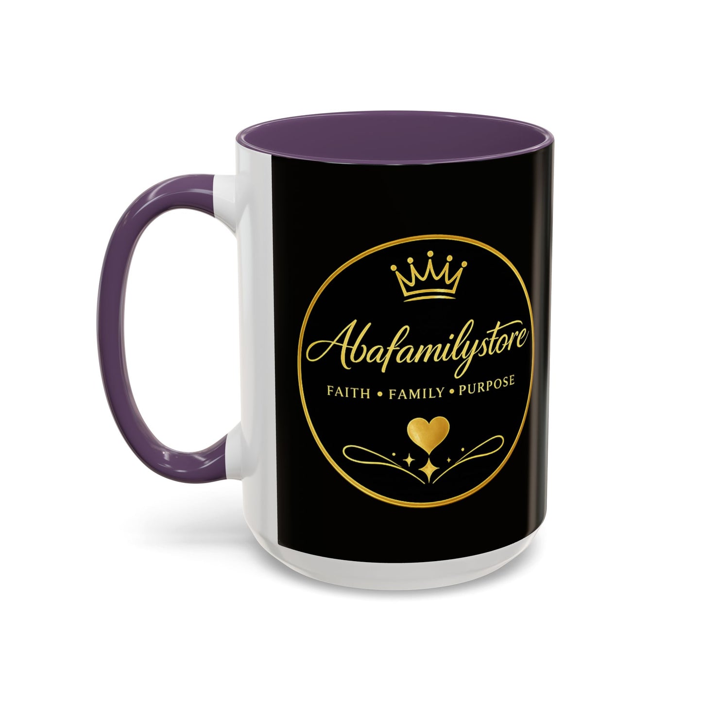 Black Accent Coffee Mug — "Abafamilystore: Faith • Family • Purpose" Gold Logo