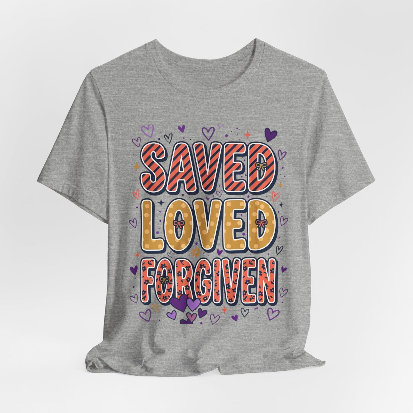 Saved Loved Forgiven T-Shirt | Christian Rainbow Scripture Tee, Playful Faith