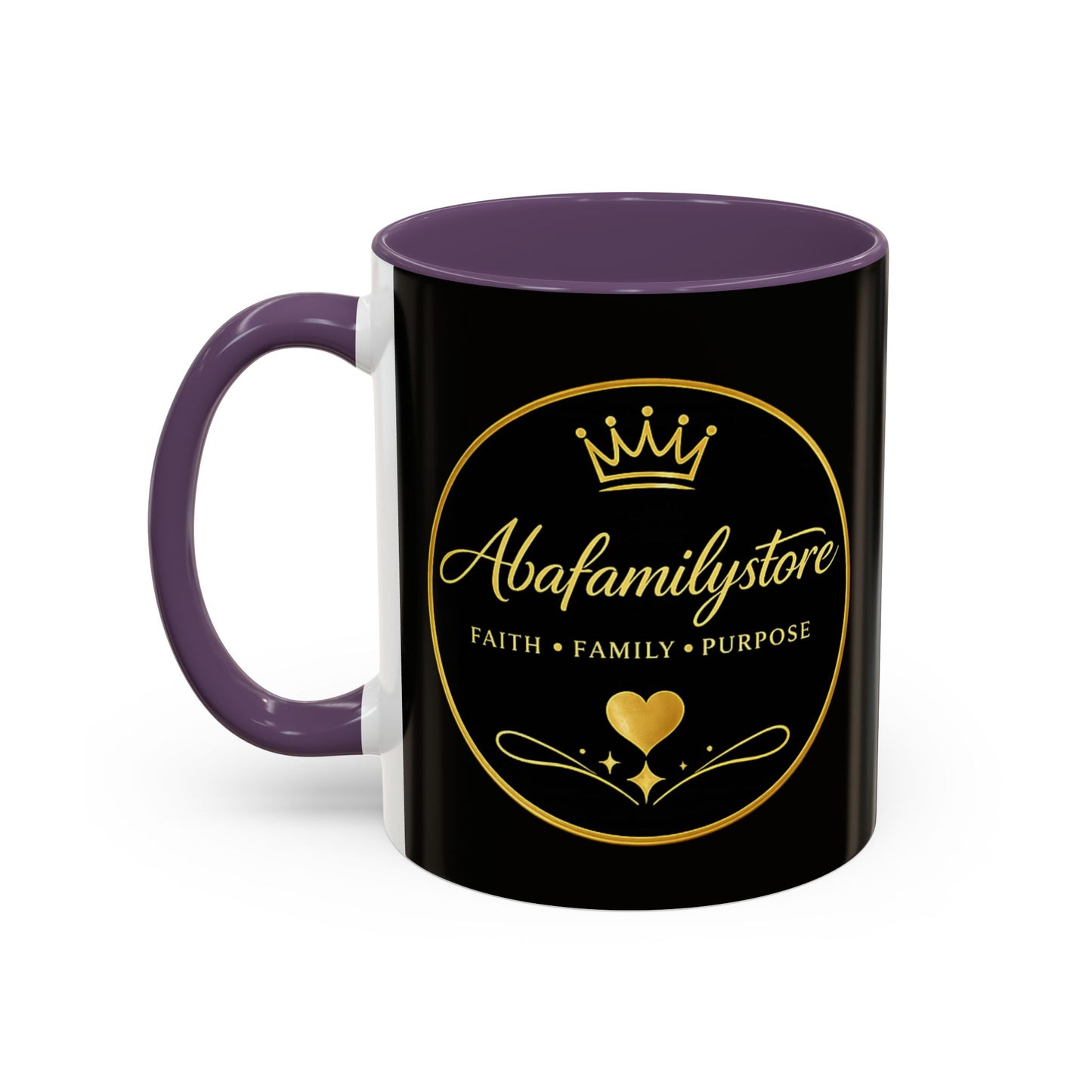 Black Accent Coffee Mug — "Abafamilystore: Faith • Family • Purpose" Gold Logo
