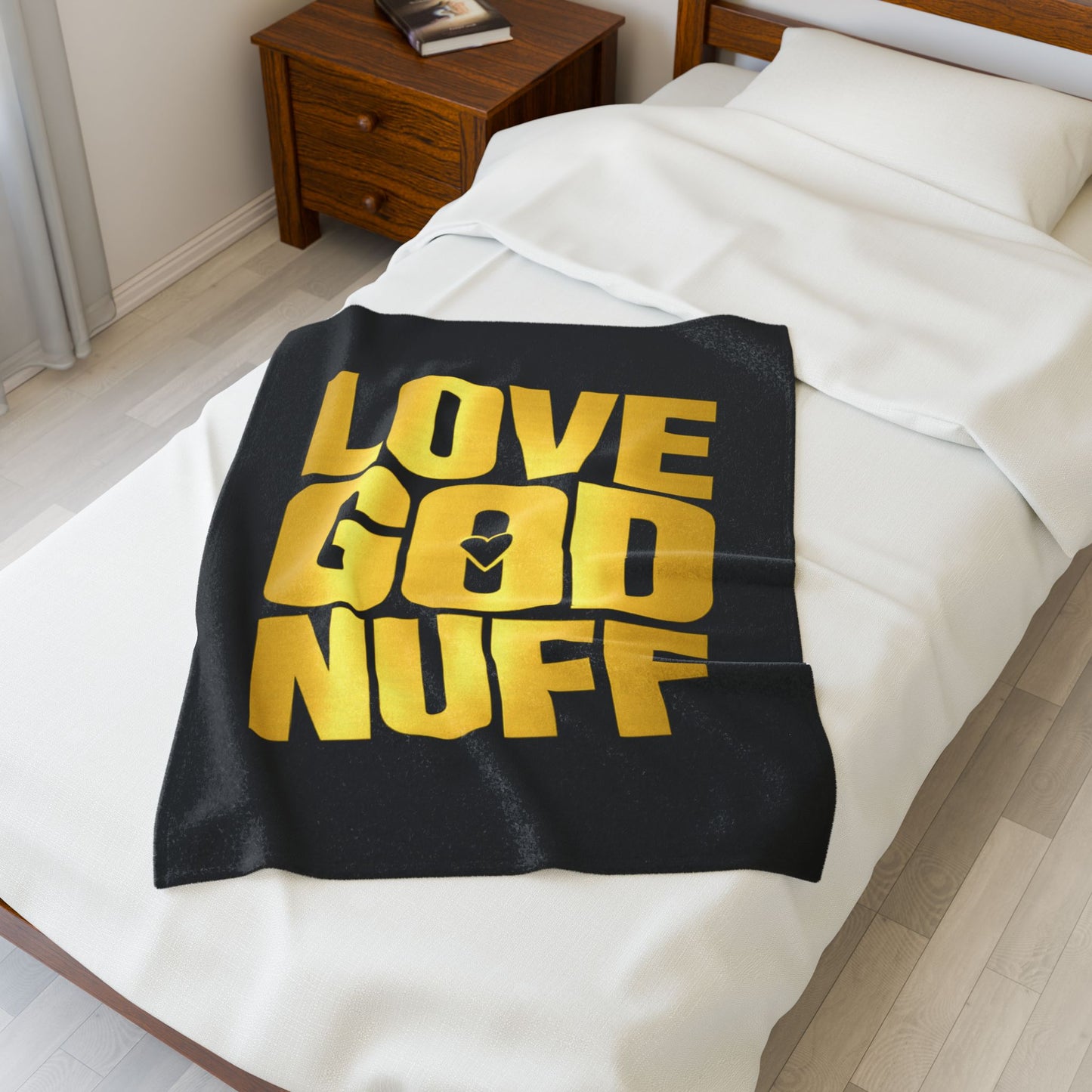 Love God Nuff Velveteen Plush Blanket — Gold Typography Christian Throw