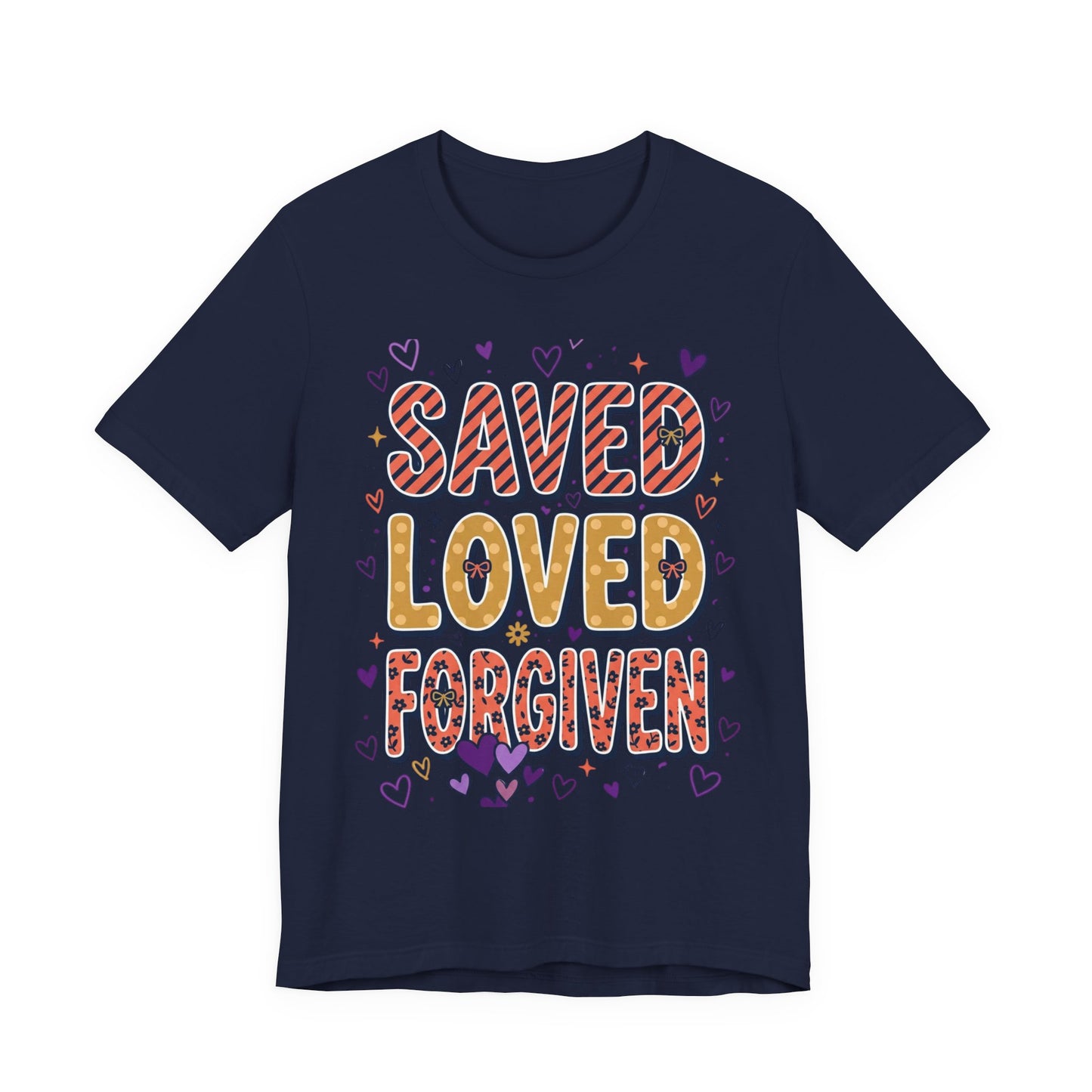 Saved Loved Forgiven T-Shirt | Christian Rainbow Scripture Tee, Playful Faith
