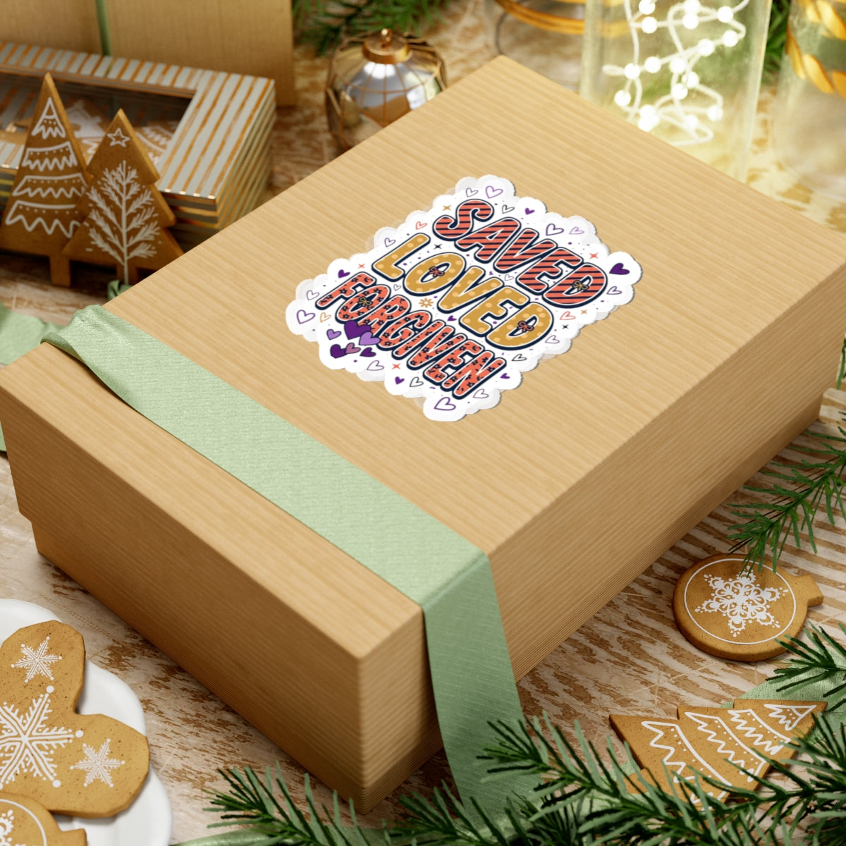 Saved Loved Forgiven Sticker | Christian faith, colorful script