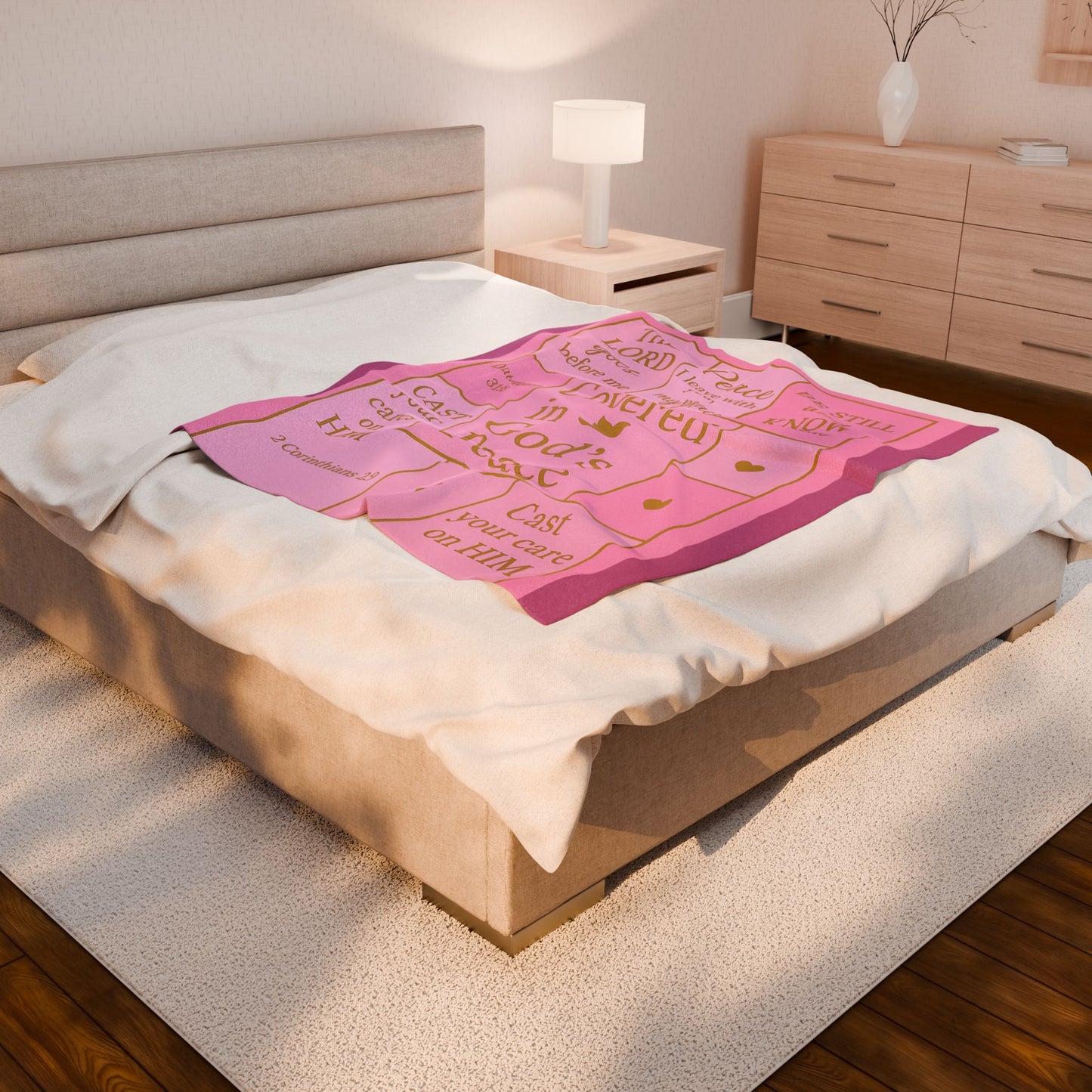 Covered in God's Peace Velveteen Plush Blanket — Inspirational Scripture Throw (Pink)