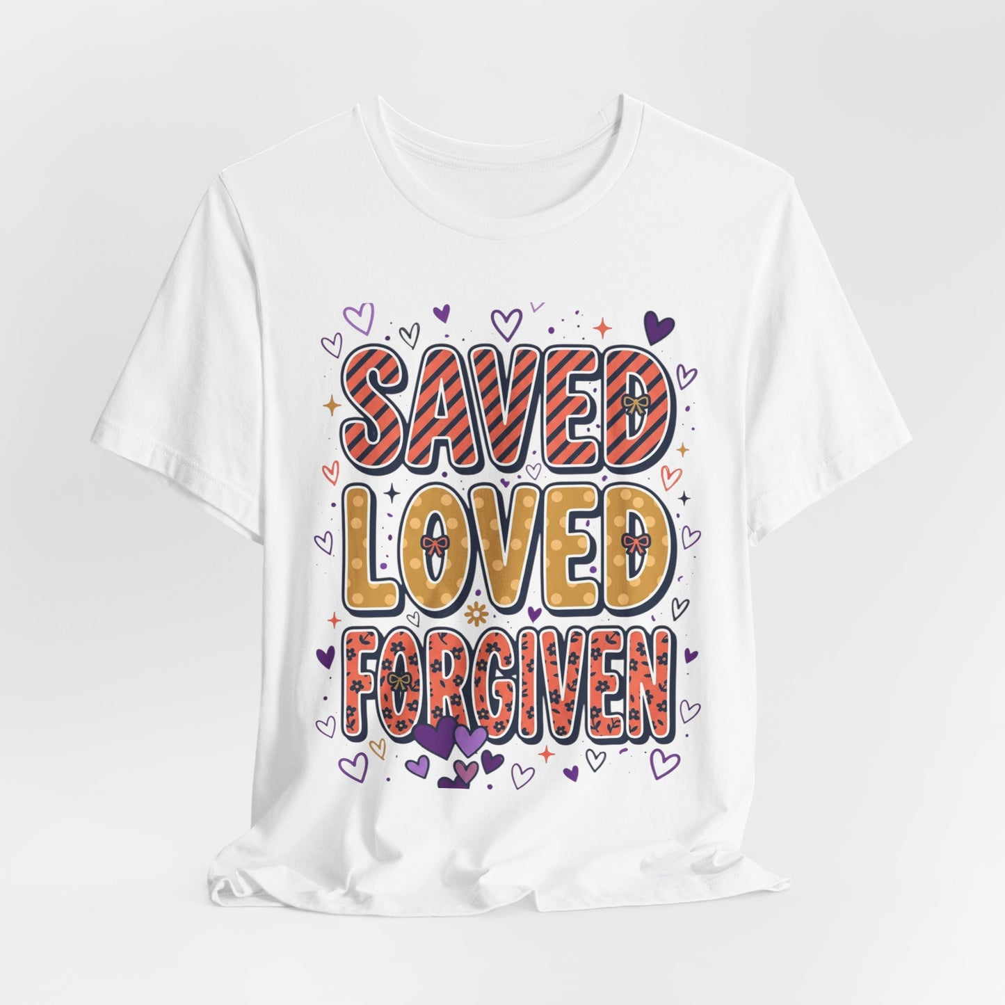 Saved Loved Forgiven T-Shirt | Christian Rainbow Scripture Tee, Playful Faith