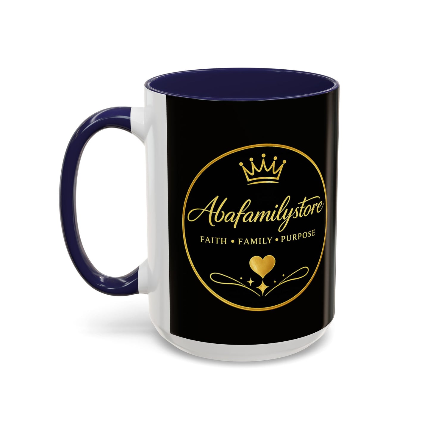 Black Accent Coffee Mug — "Abafamilystore: Faith • Family • Purpose" Gold Logo
