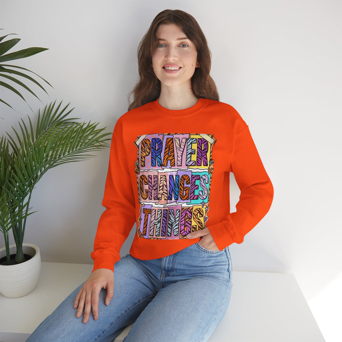 Prayer Changes Things Sweatshirt | Christian rainbow scripture, mixed-font faith