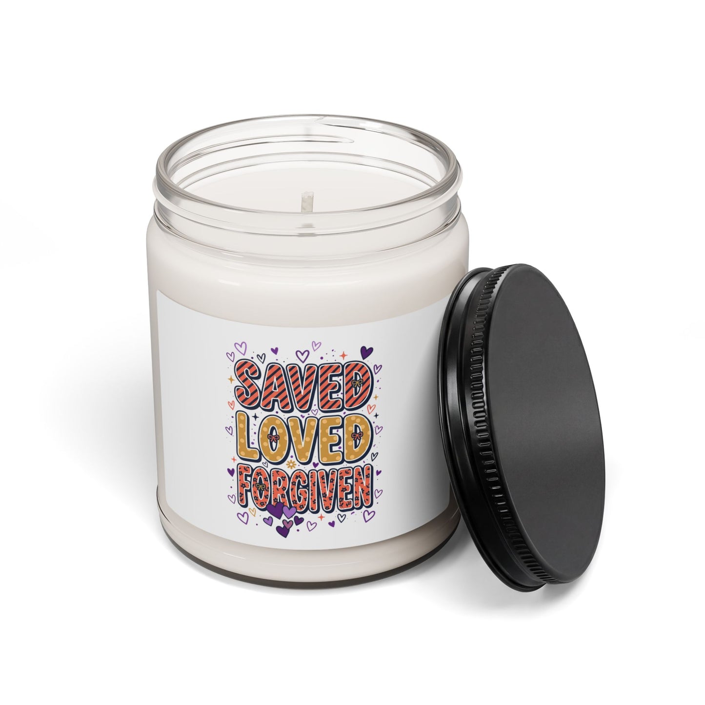 Saved Loved Forgiven Candle | Christian faith soy candle, colorful scripture design