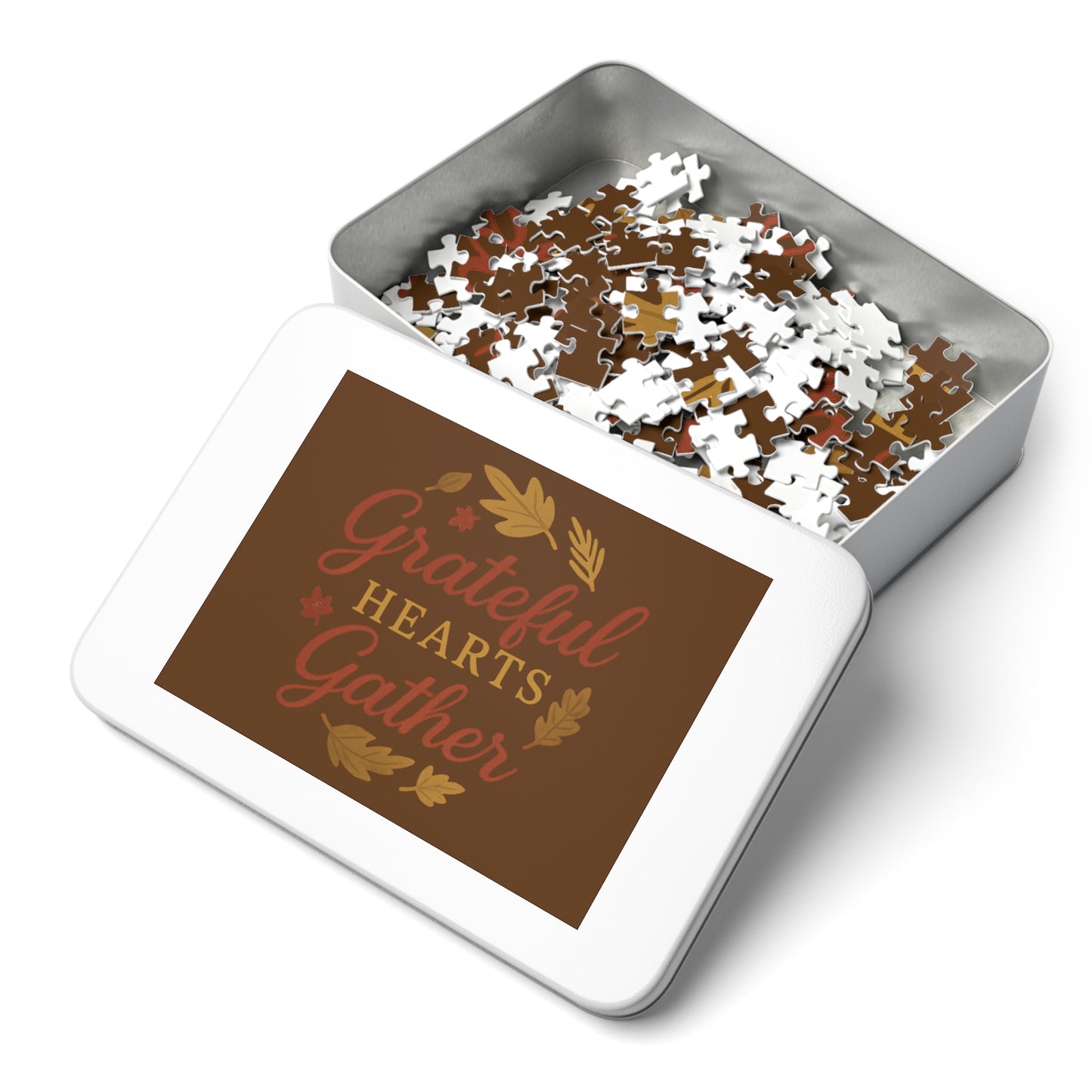 Grateful Hearts Gather Jigsaw Puzzle — Thanksgiving Fall Leaves Puzzle with Tin