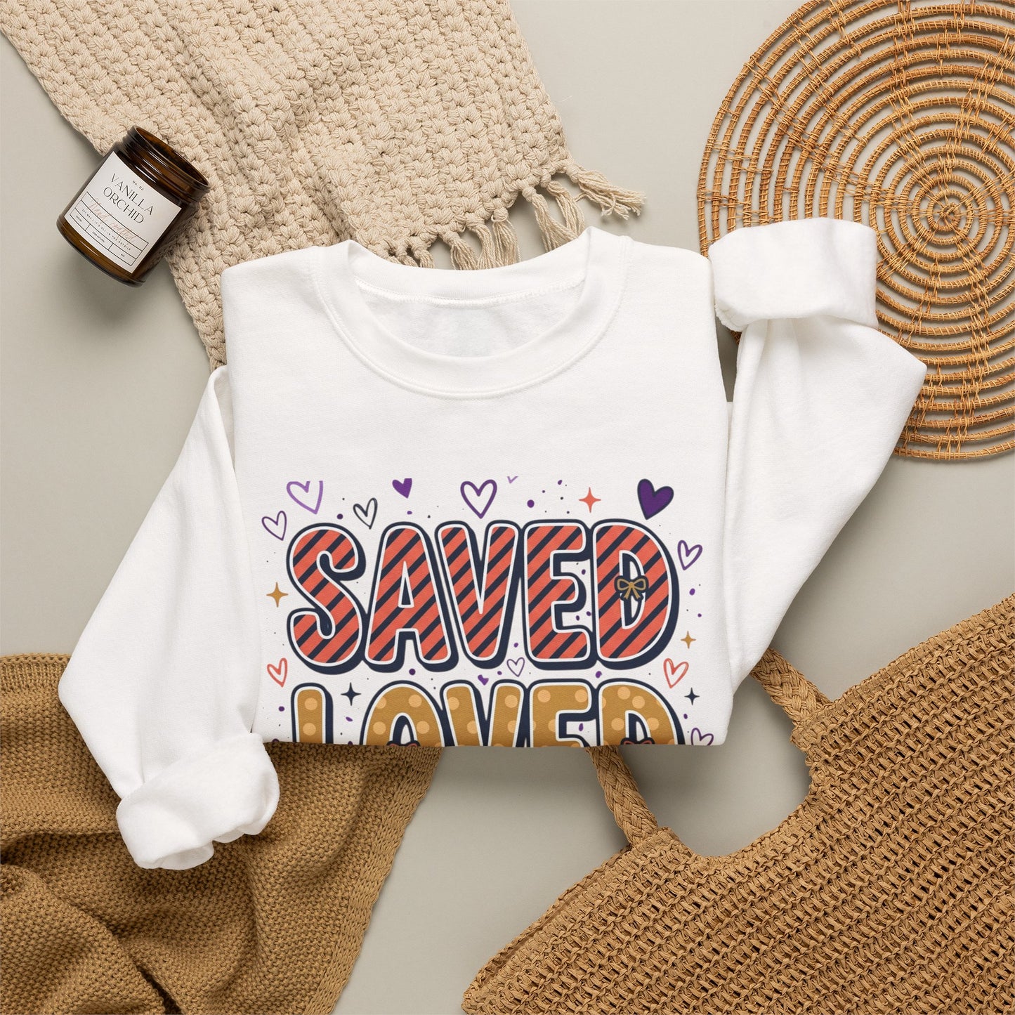 Saved Loved Forgiven Sweatshirt | Christian rainbow scripture style