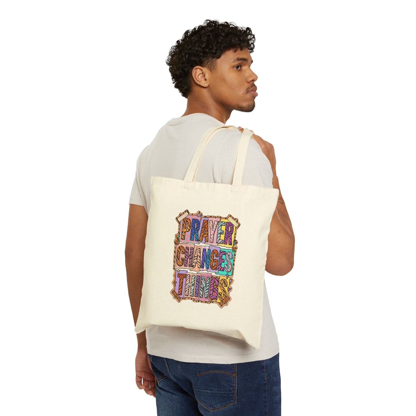 Prayer Changes Things Tote | Christian Rainbow Scripture Quote Canvas Tote