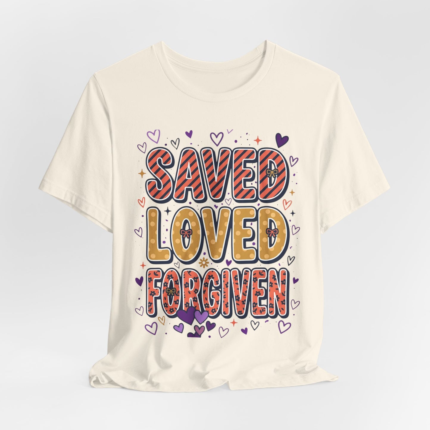 Saved Loved Forgiven T-Shirt | Christian Rainbow Scripture Tee, Playful Faith