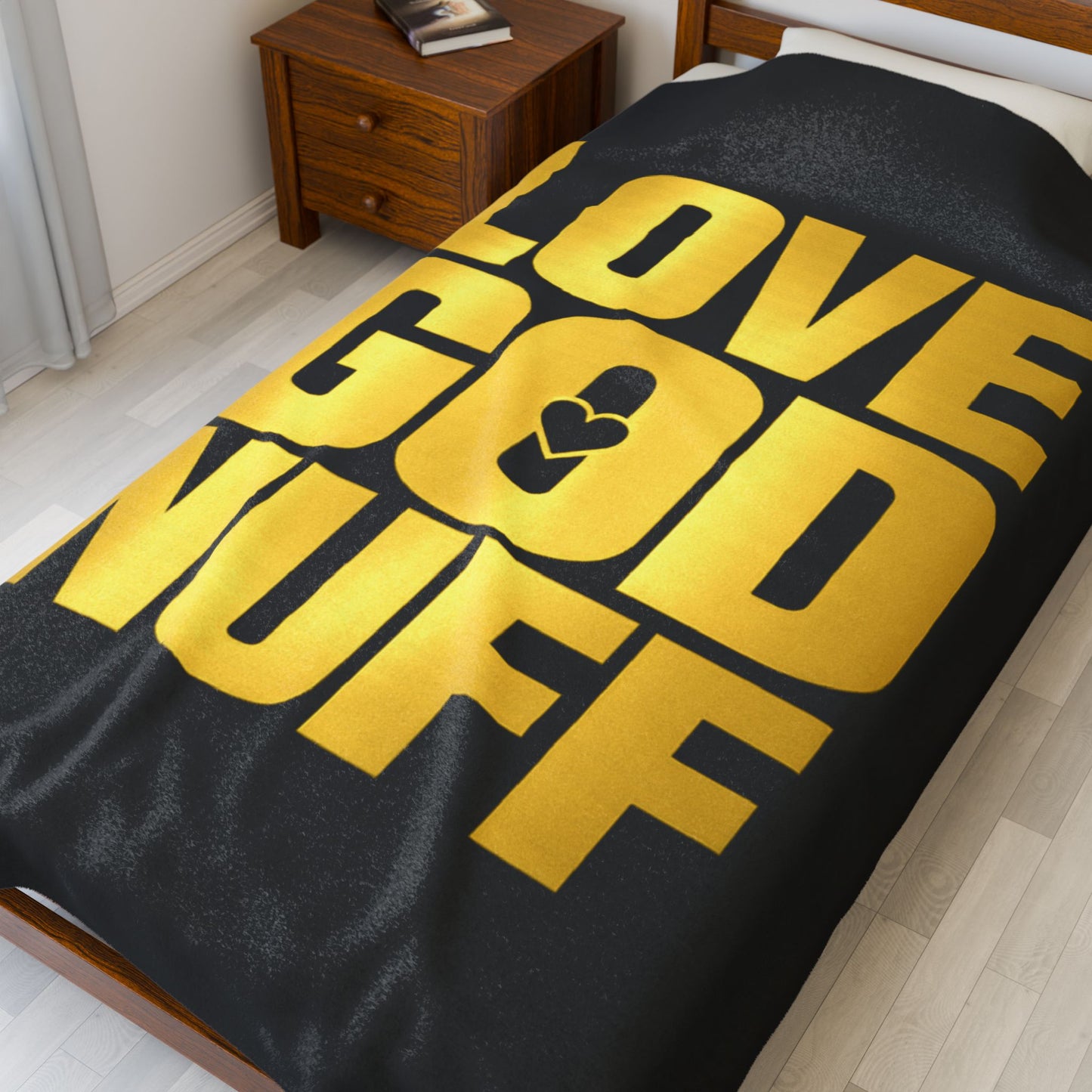 Love God Nuff Velveteen Plush Blanket — Gold Typography Christian Throw