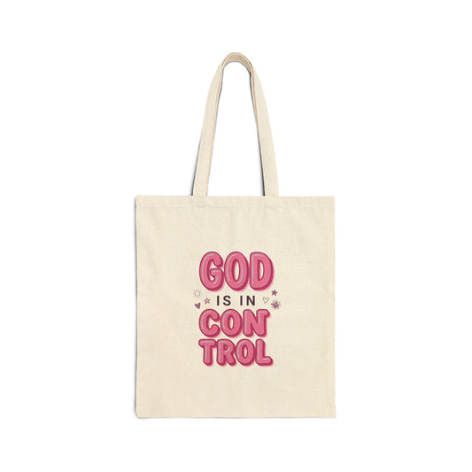 God Is In Control Tote | Christian faith, playful script