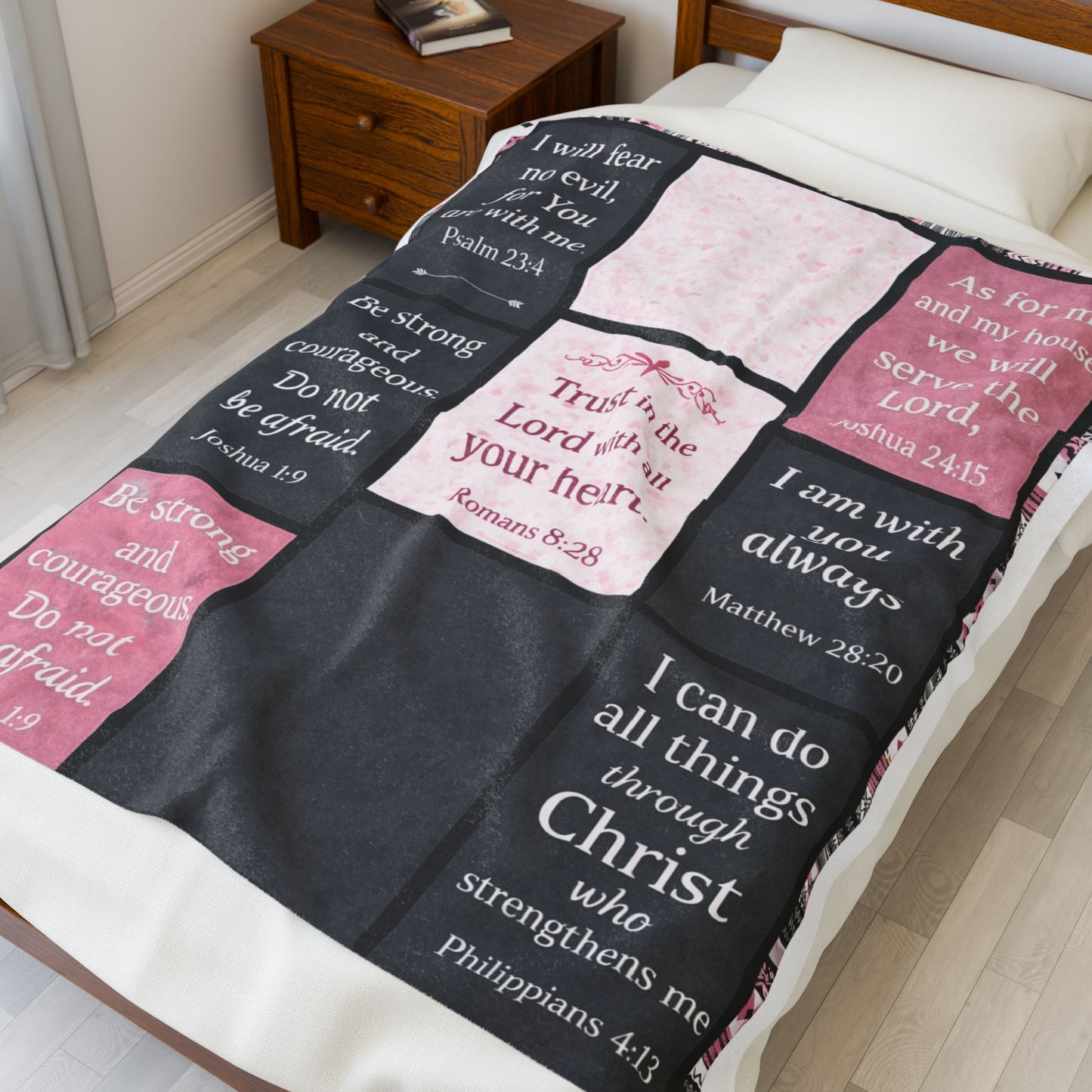 Inspirational Scripture Velveteen Plush Blanket — Christian Bible Verse Throw (Psalm, Joshua, Romans, Matthew, Philippians)