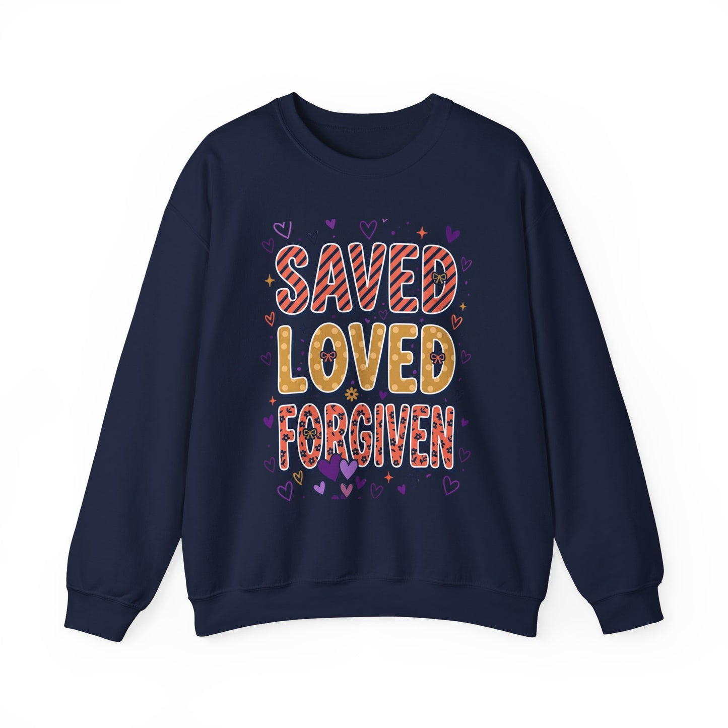 Saved Loved Forgiven Sweatshirt | Christian rainbow scripture style