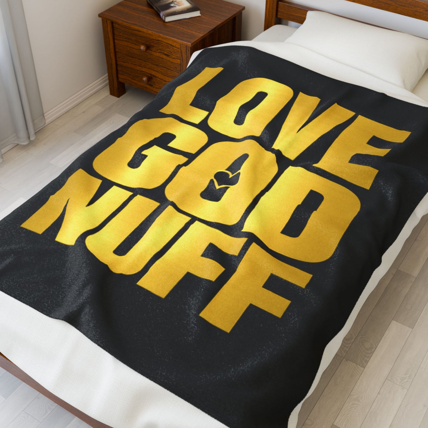 Love God Nuff Velveteen Plush Blanket — Gold Typography Christian Throw