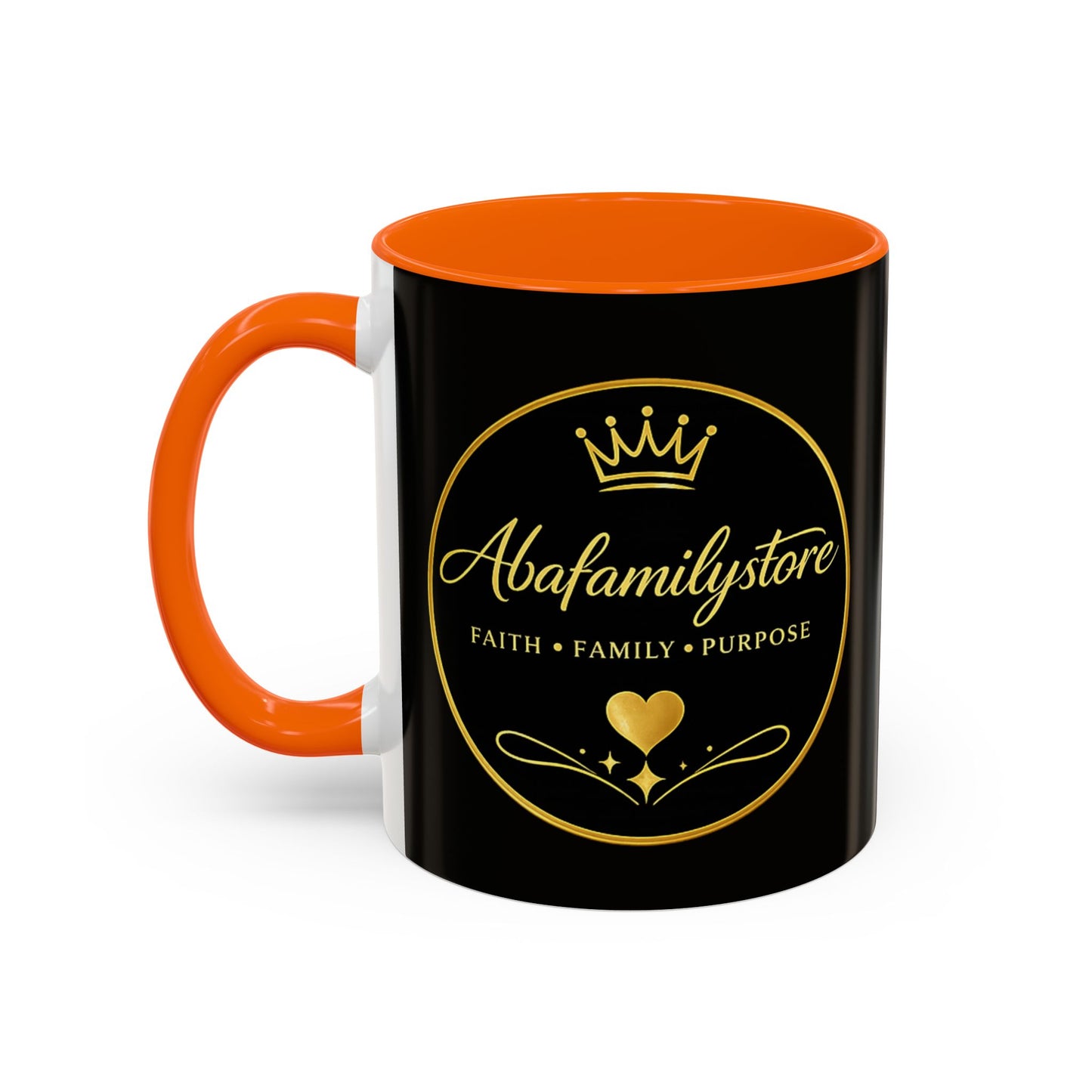 Black Accent Coffee Mug — "Abafamilystore: Faith • Family • Purpose" Gold Logo