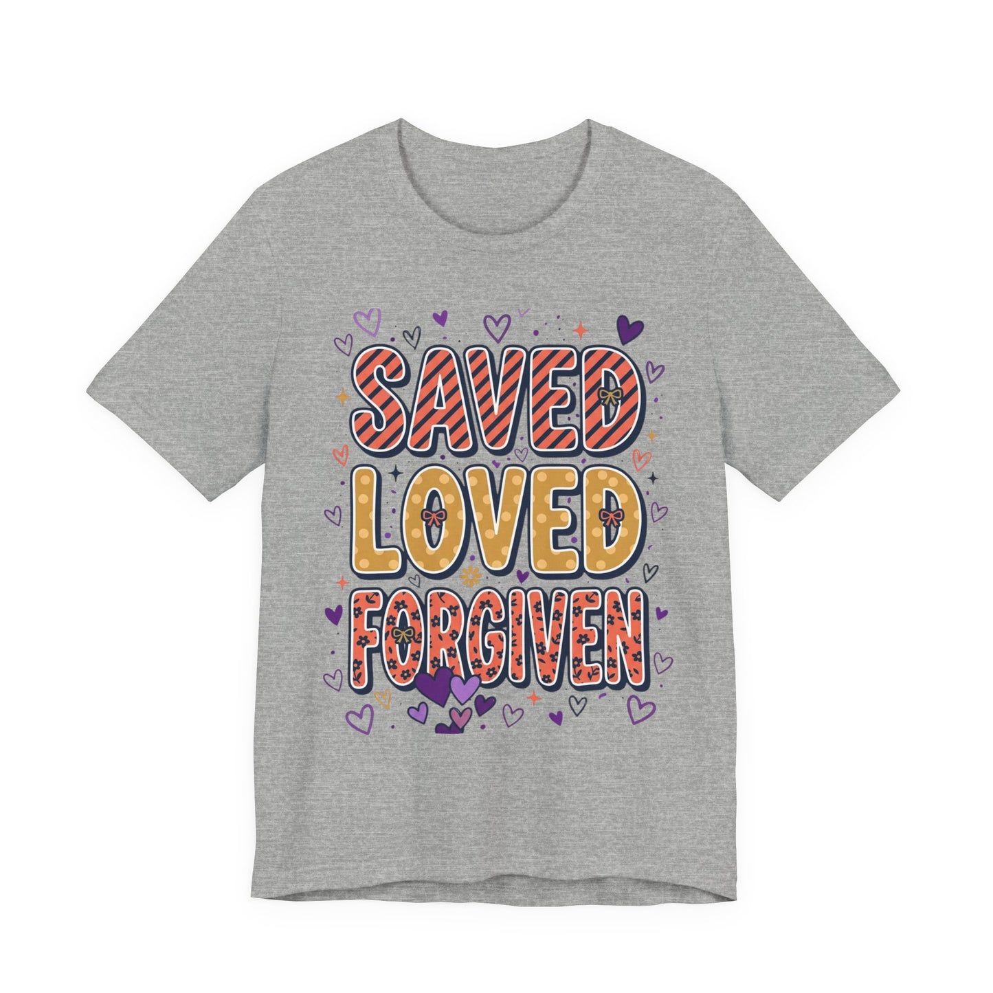 Saved Loved Forgiven T-Shirt | Christian Rainbow Scripture Tee, Playful Faith