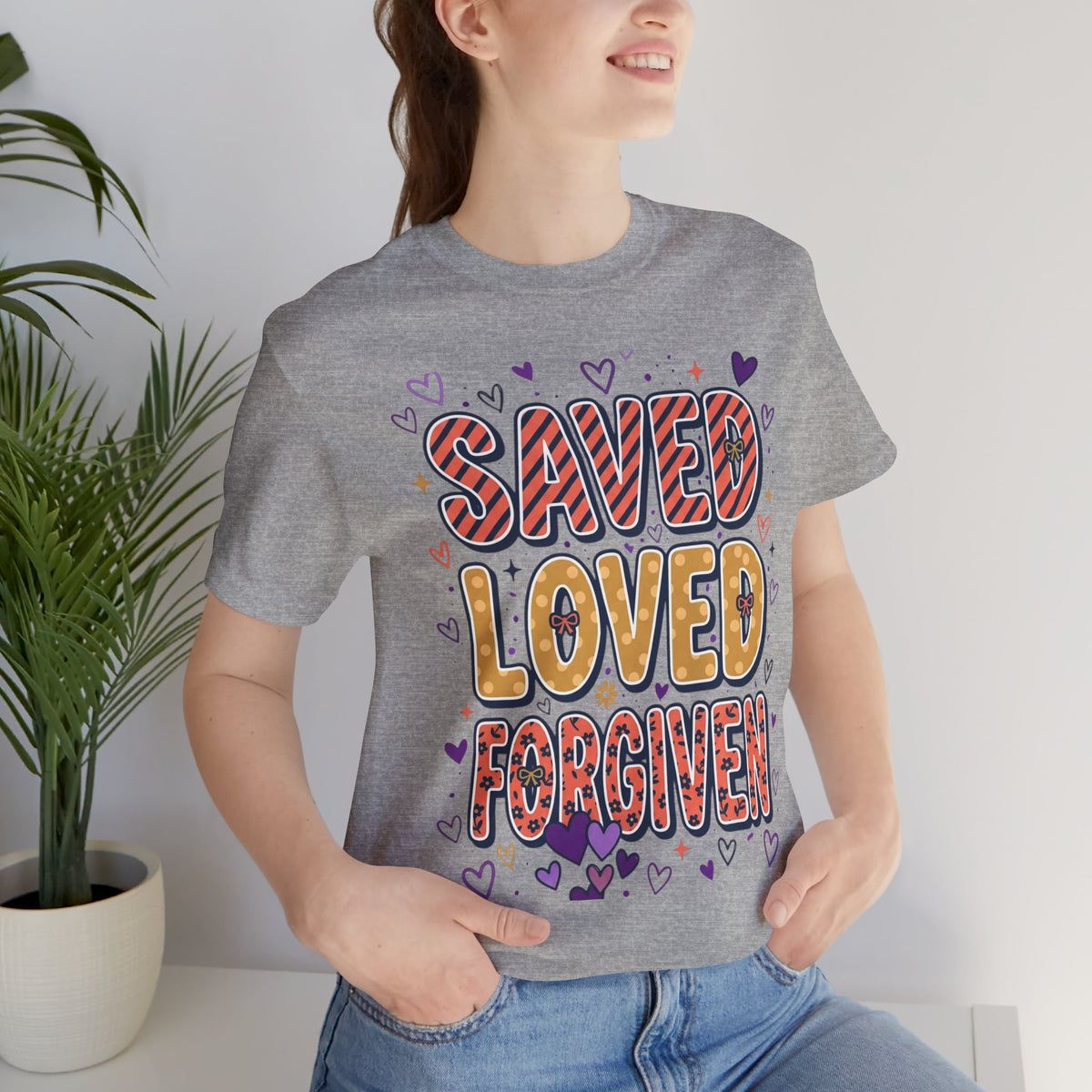 Saved Loved Forgiven T-Shirt | Christian Rainbow Scripture Tee, Playful Faith