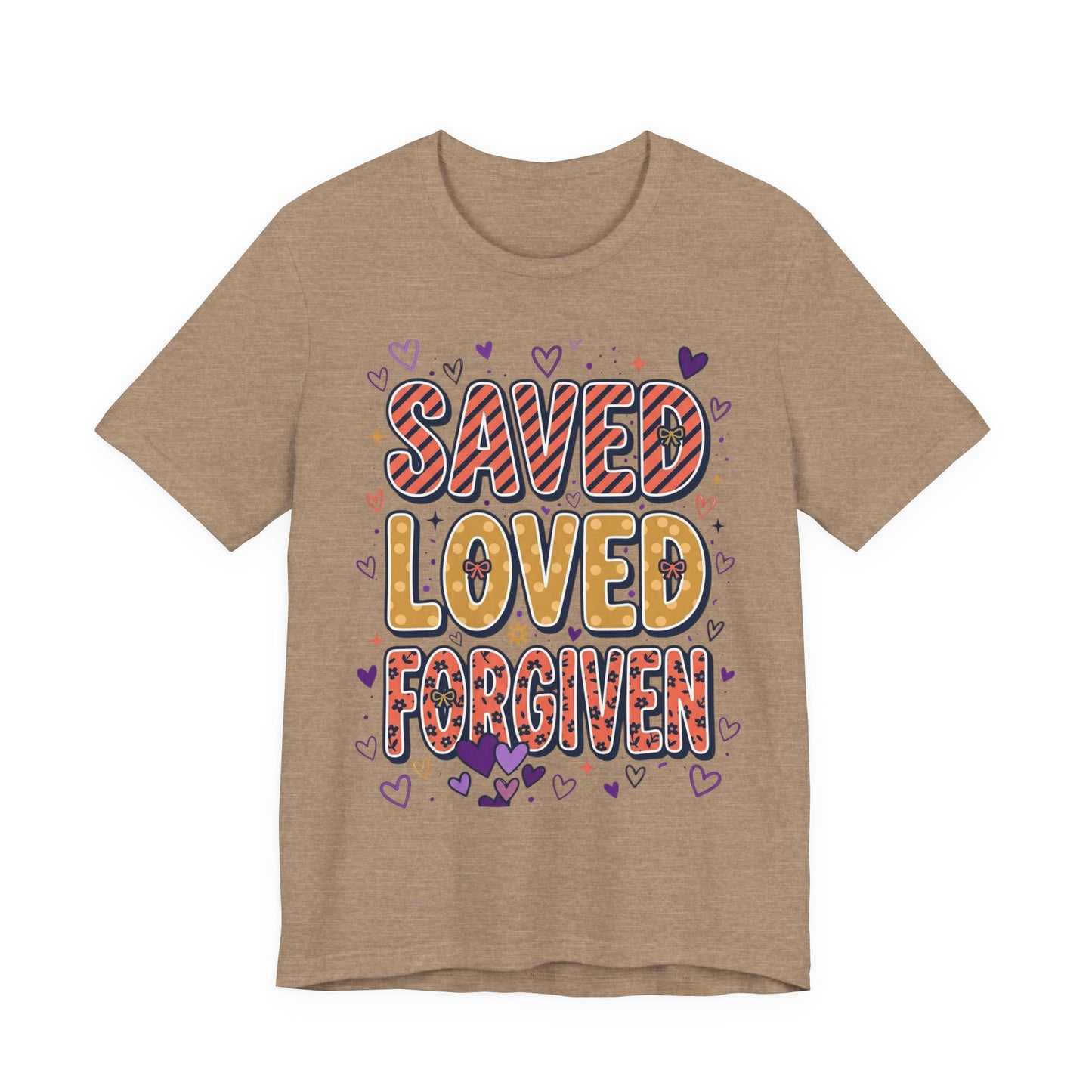 Saved Loved Forgiven T-Shirt | Christian Rainbow Scripture Tee, Playful Faith