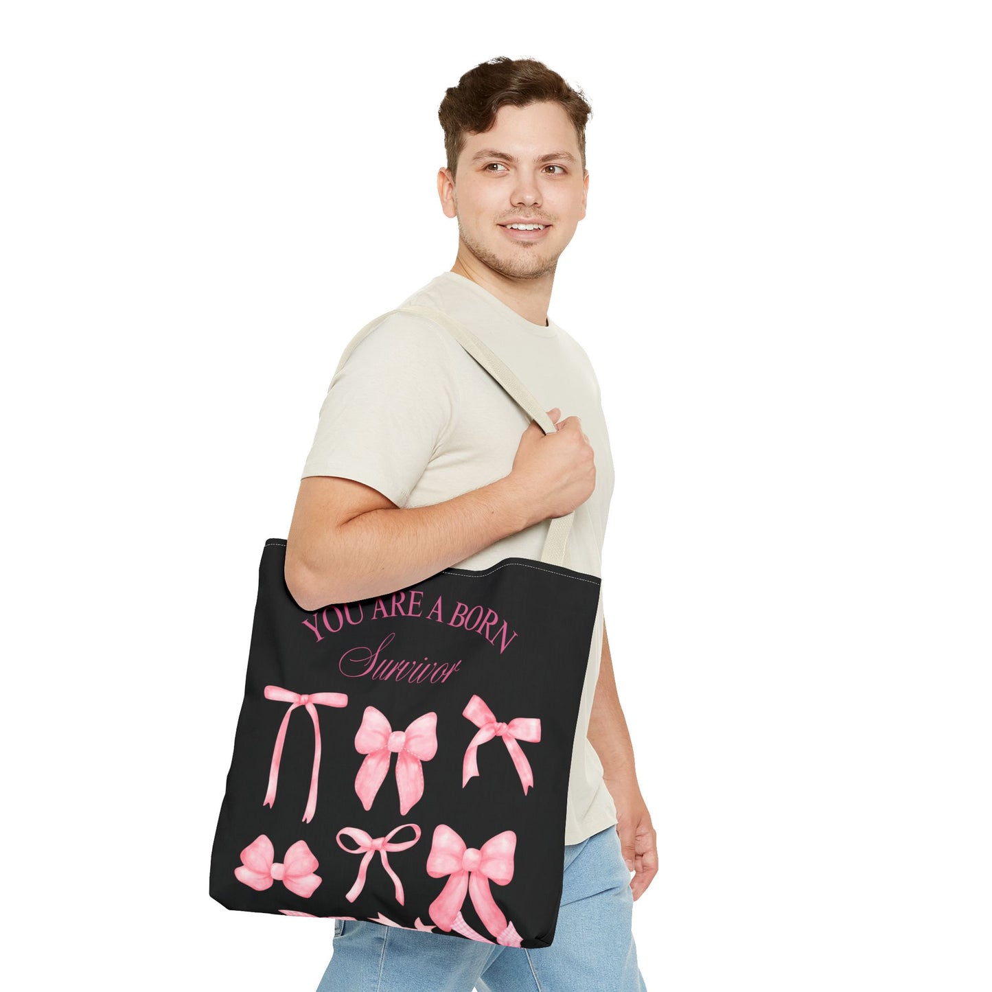 Empowering Pink Ribbon Tote Bag, Breast Cancer Awareness, Survivor Gift, Inspirational Bag, Bows & Ribbons Design, Supportive Gift