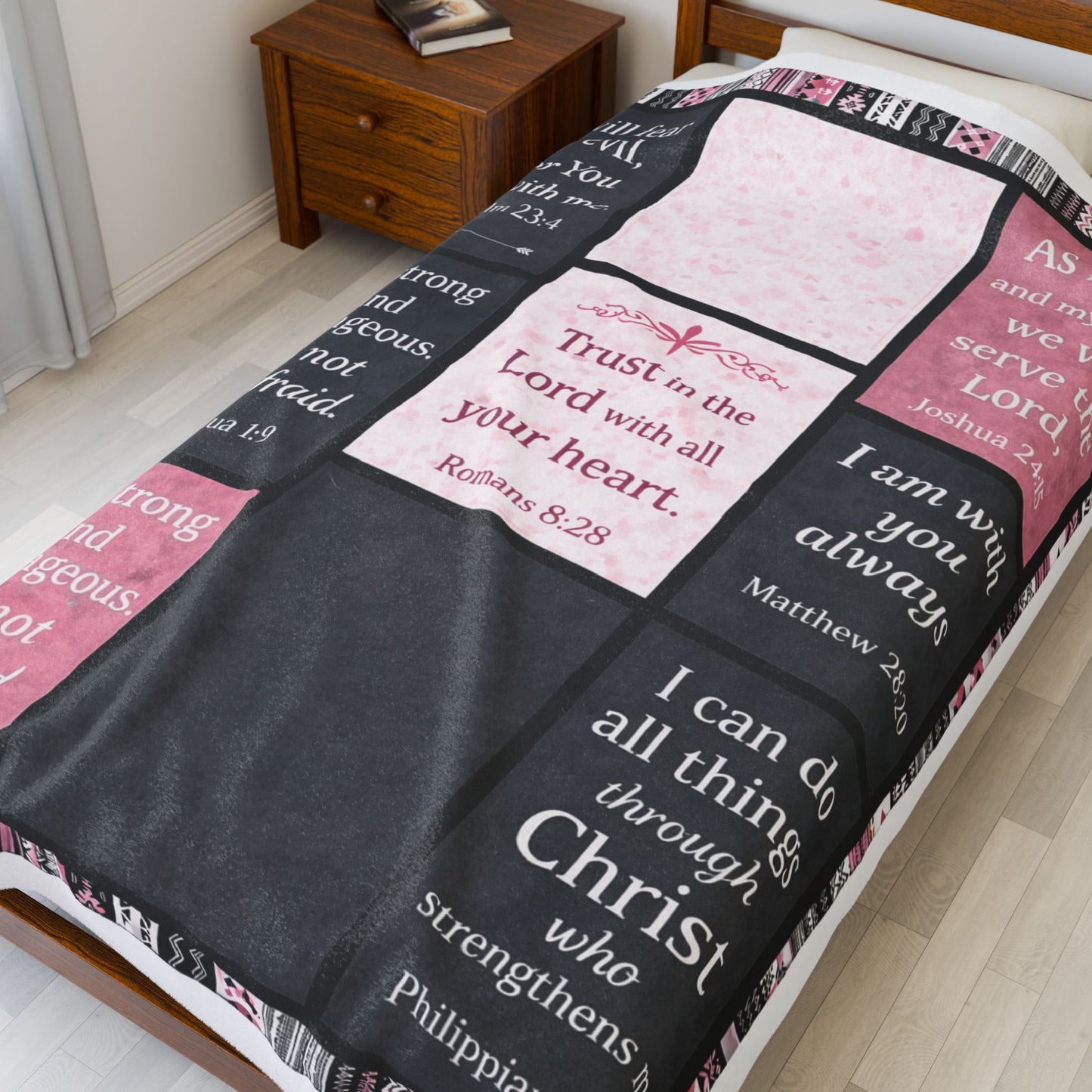 Inspirational Scripture Velveteen Plush Blanket — Christian Bible Verse Throw (Psalm, Joshua, Romans, Matthew, Philippians)