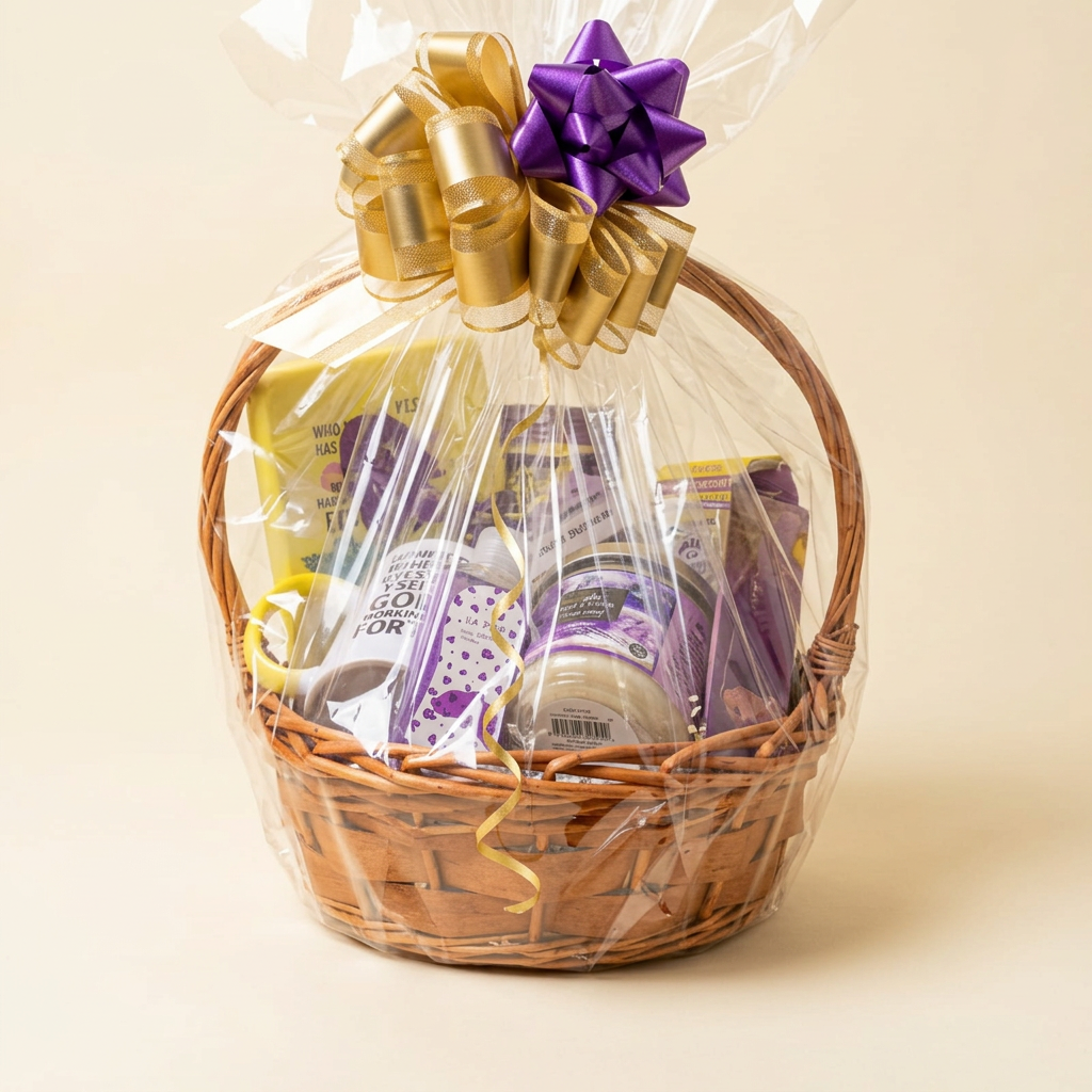 Gift basket photo with a clean cream studio background