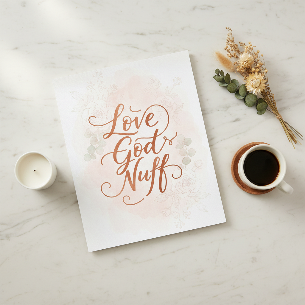 Love God Nuff art print flat lay on marble surface with candle, flowers and coffee