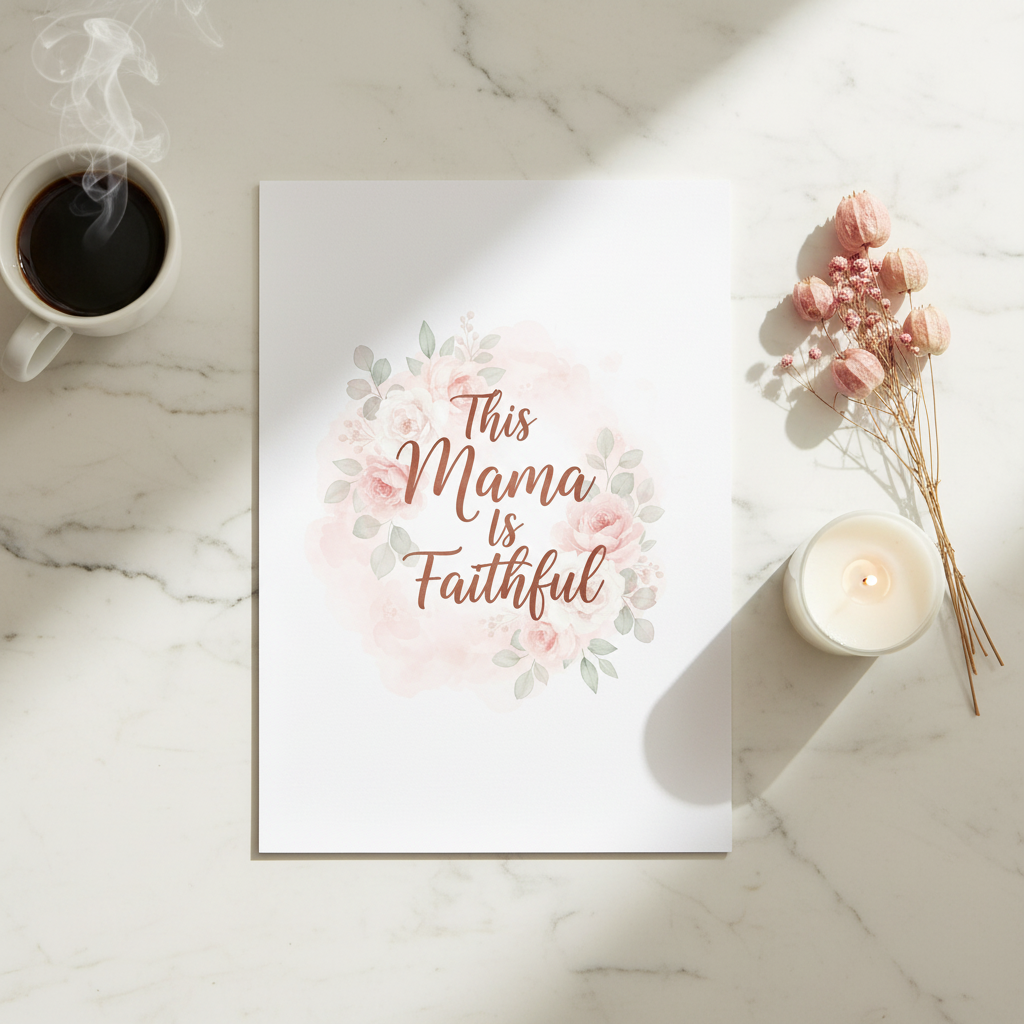 This Mama Is Faithful art print flat lay on marble with candle, flowers and coffee