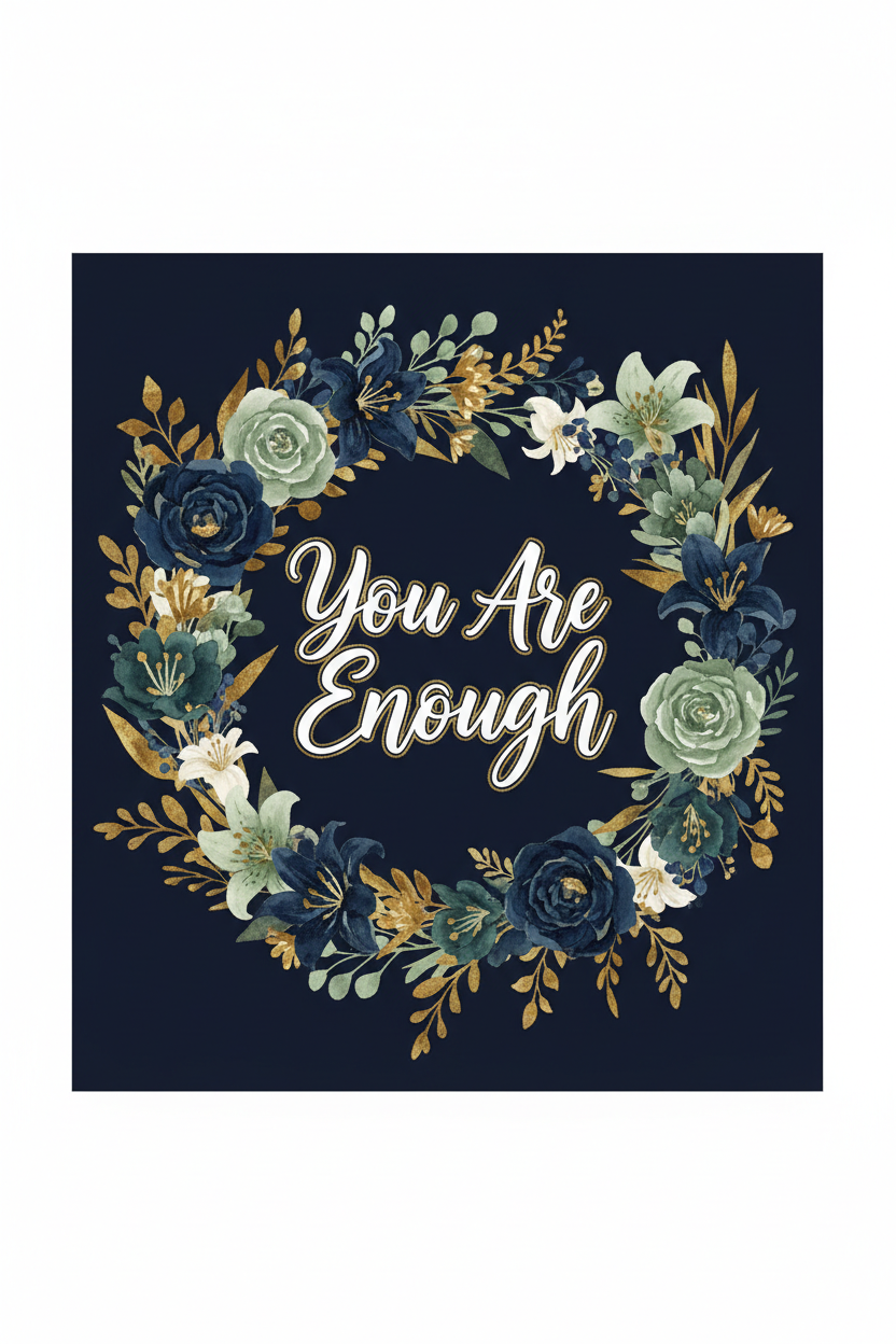 You Are Enough faith-inspired digital print in navy blue with wildflowers and gold script