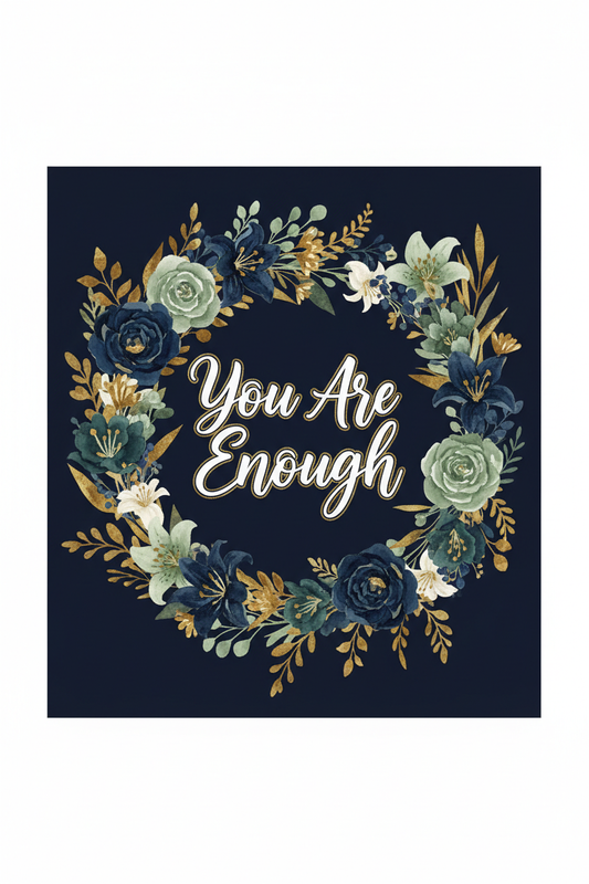 You Are Enough faith-inspired digital print in navy blue with wildflowers and gold script
