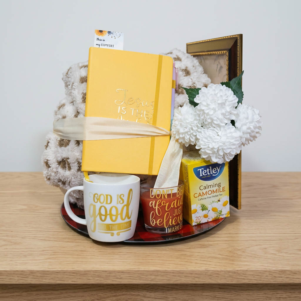 Unwrapped gift tray with a light grey background and pale wood surface